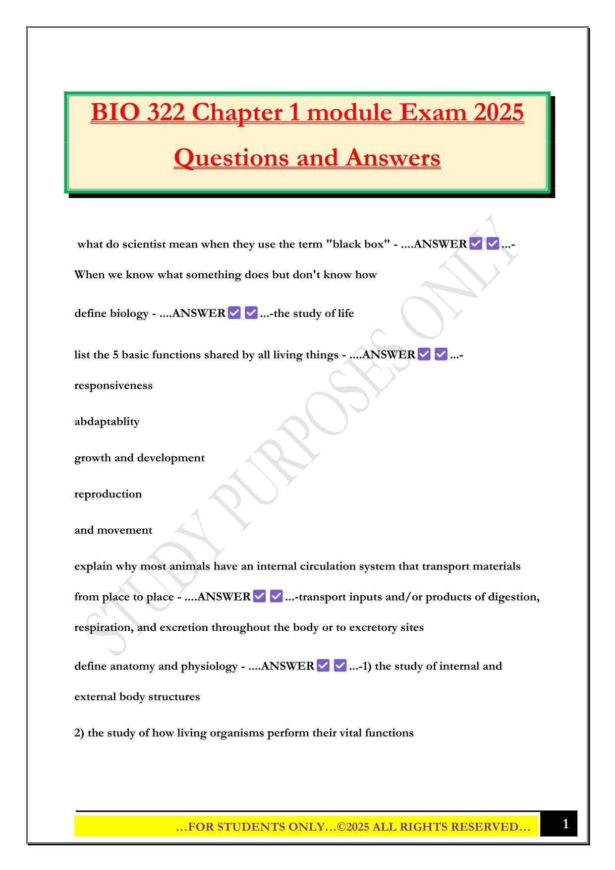 BIO 322 Chapter 1 module Exam 2025 Questions and Answers