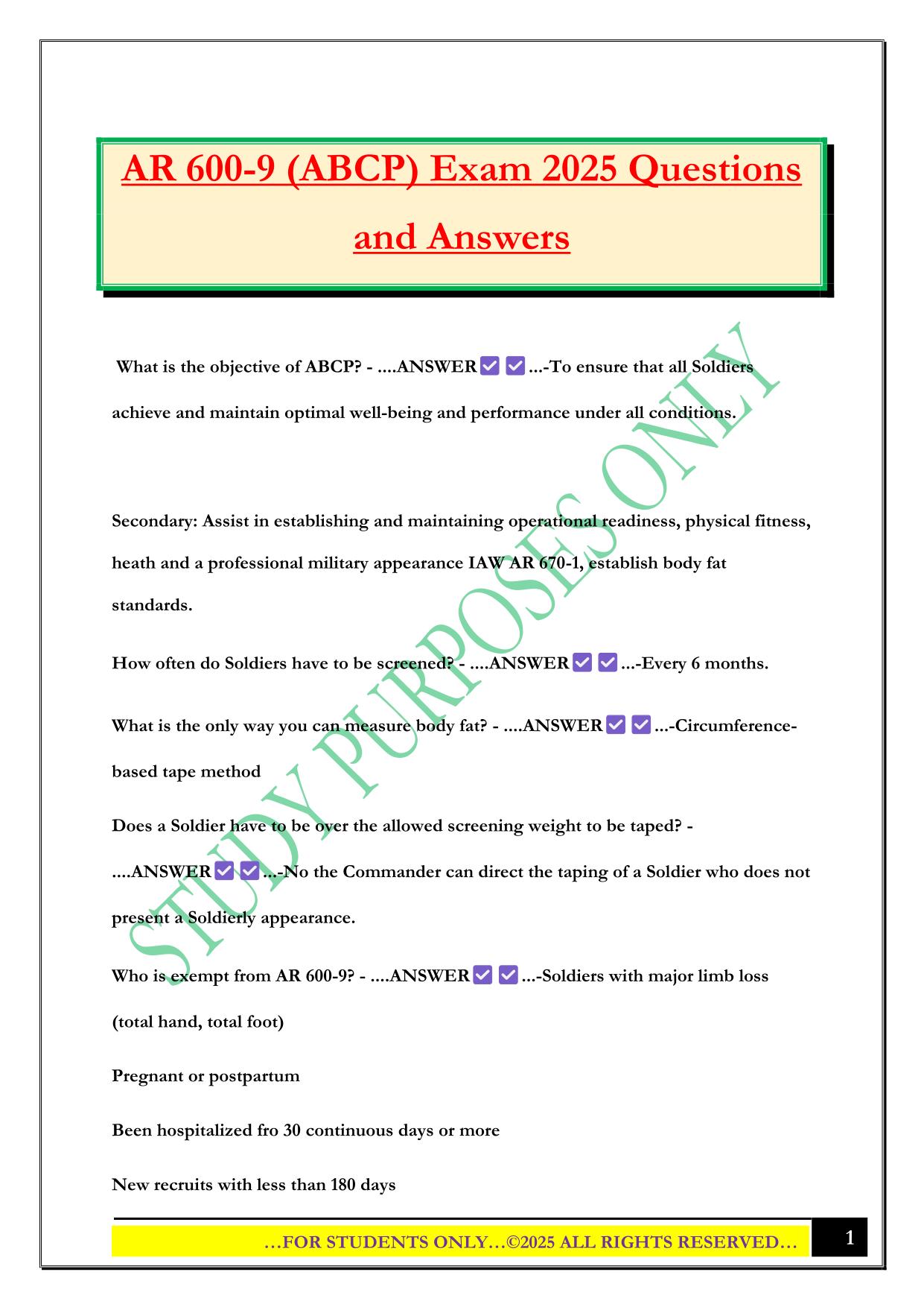 AR 600-9 (ABCP) Exam 2025 Questions and Answers
