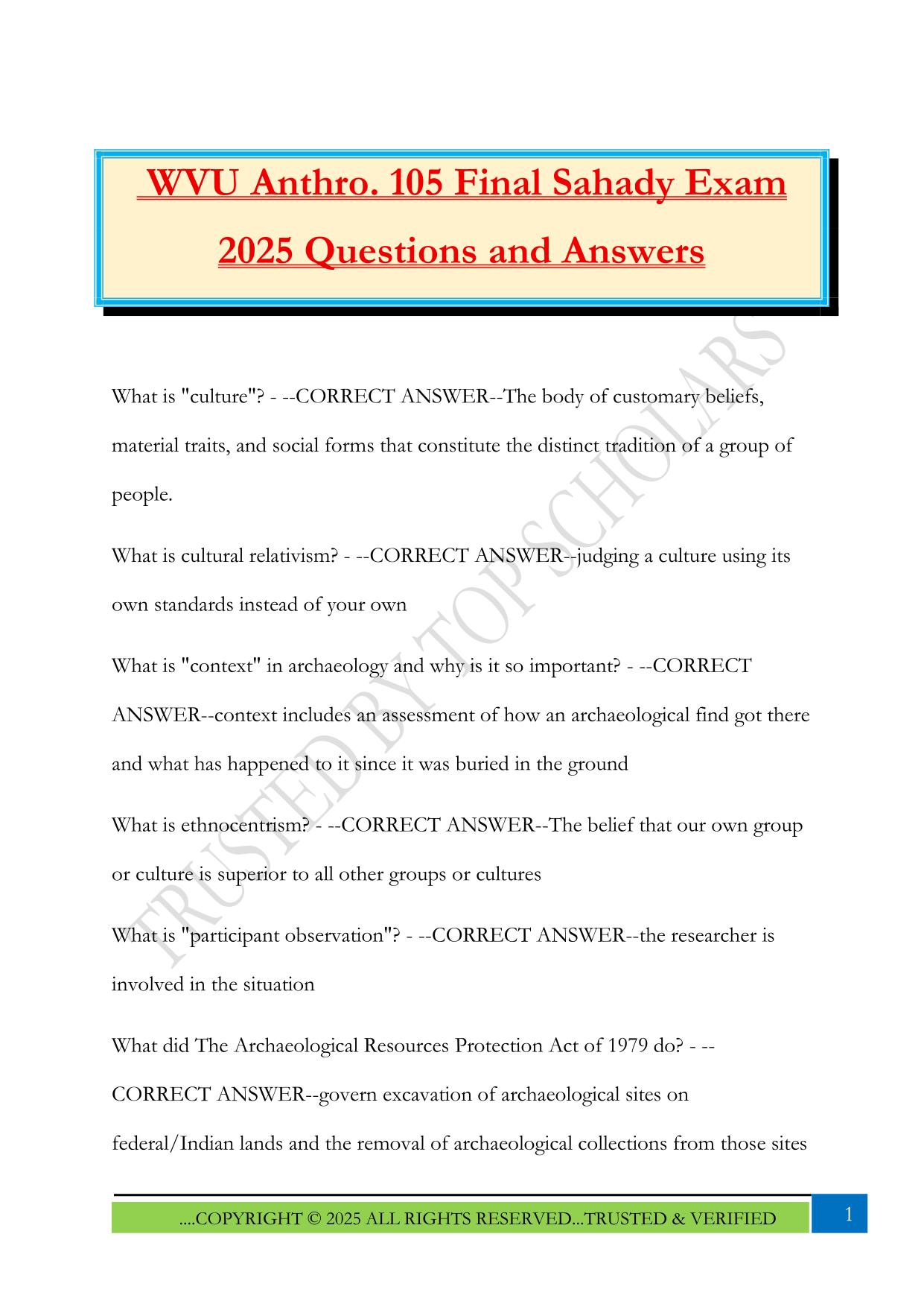 WVU Anthro. 105 Final Sahady Exam 2025 Questions and Answers