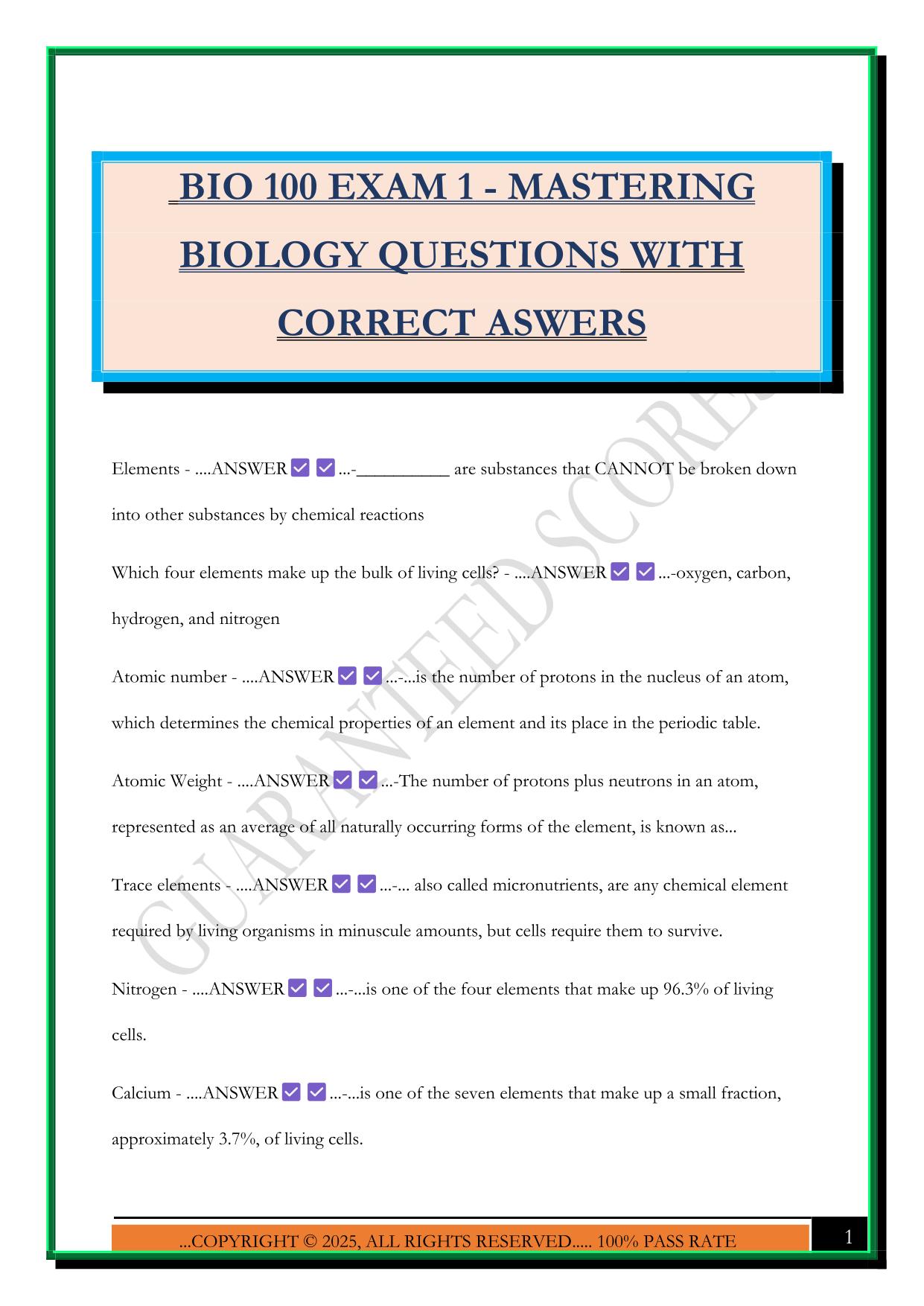 BIO 100 EXAM 1 - MASTERING BIOLOGY QUESTIONS WITH CORRECT ASWERS