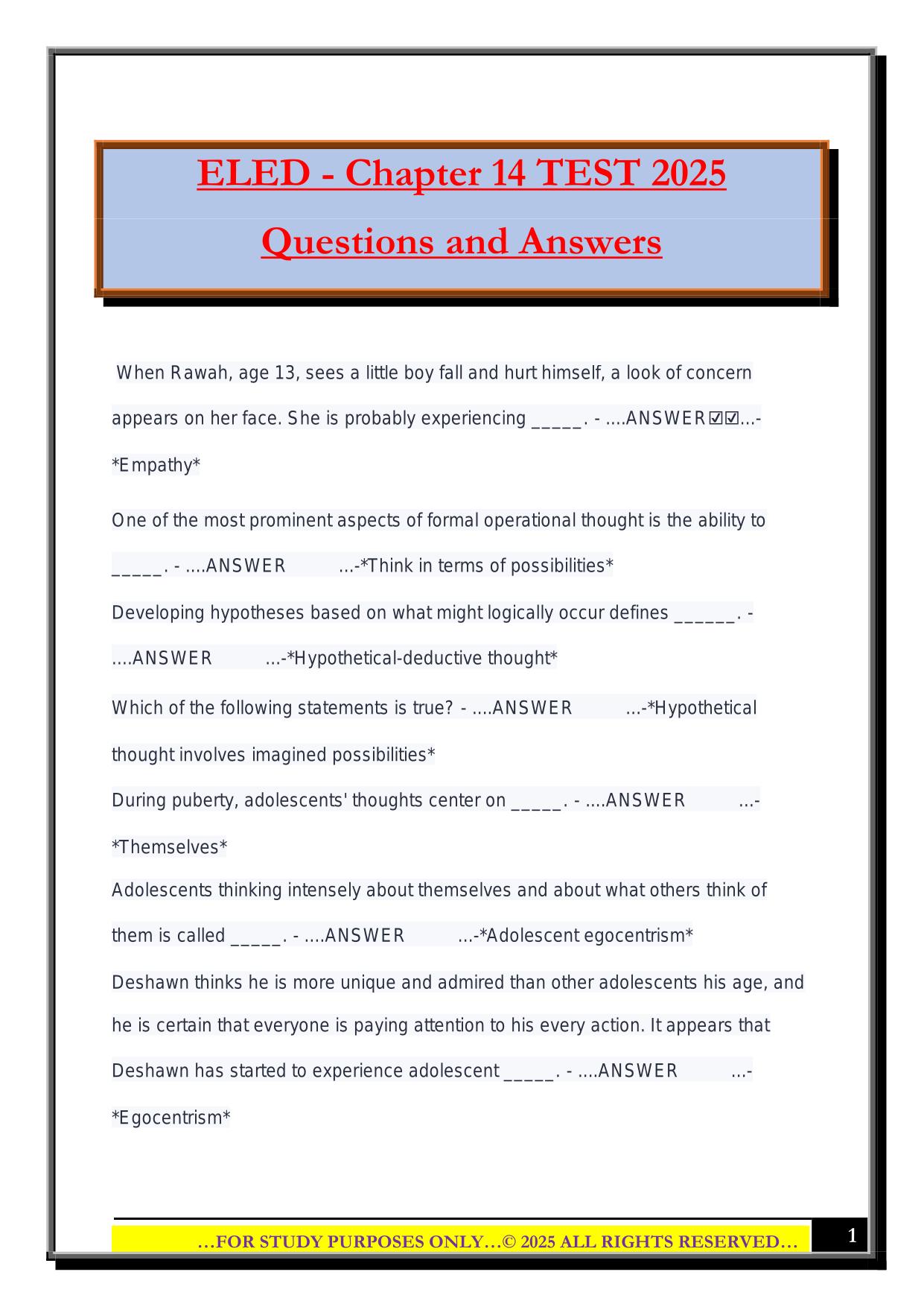 ELED - Chapter 14 TEST 2025 Questions and Answers