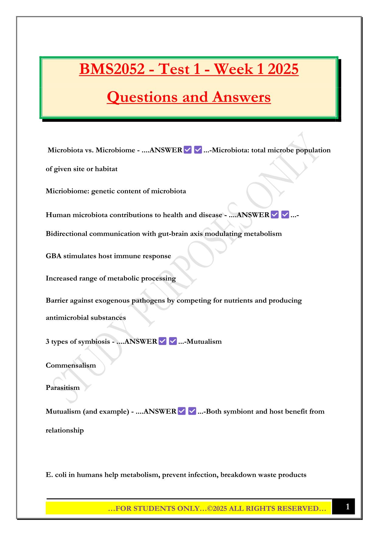 BMS2052 - Test 1 - Week 1 2025 Questions and Answers