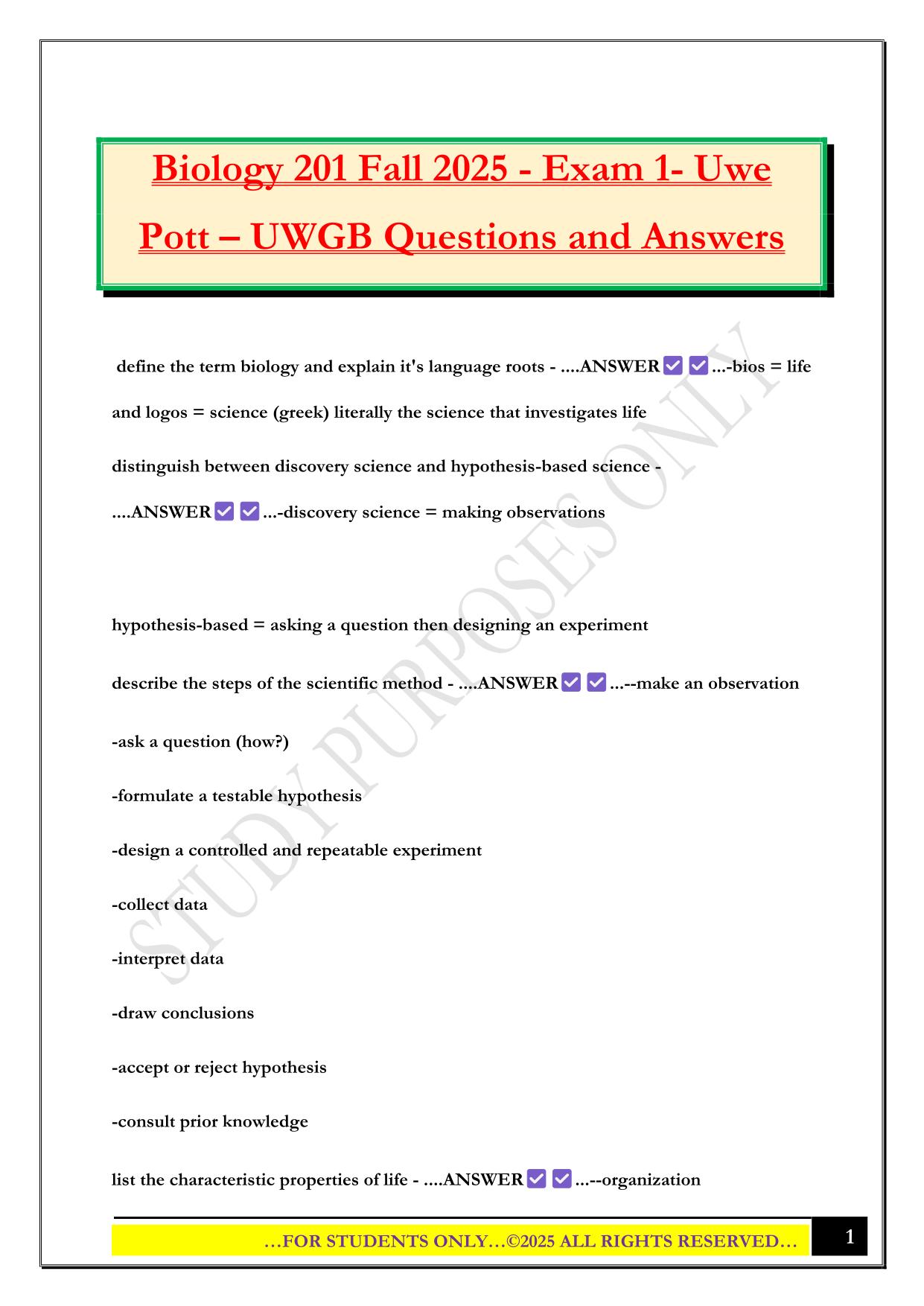 Biology 201 Fall 2025 - Exam 1- Uwe Pott – UWGB Questions and Answers