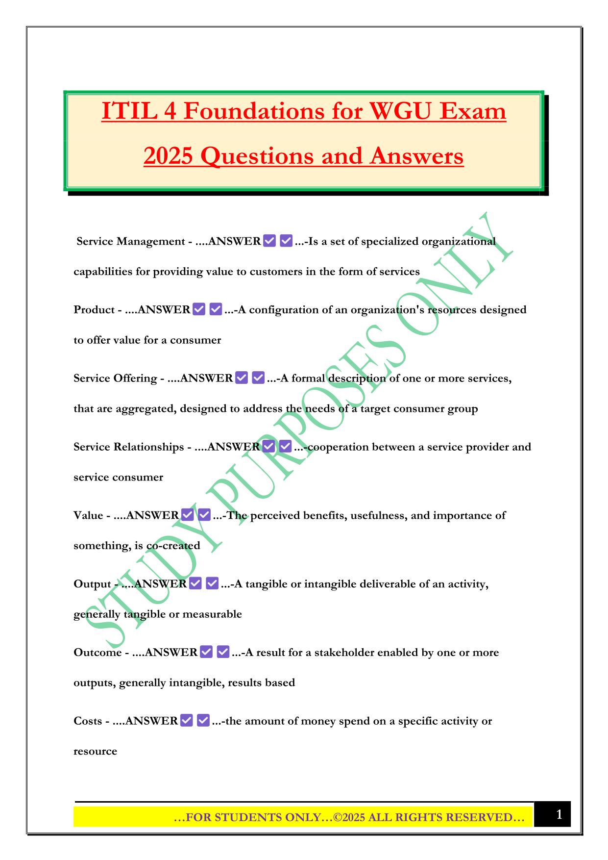 ITIL 4 Foundations for WGU Exam 2025 Questions and Answers