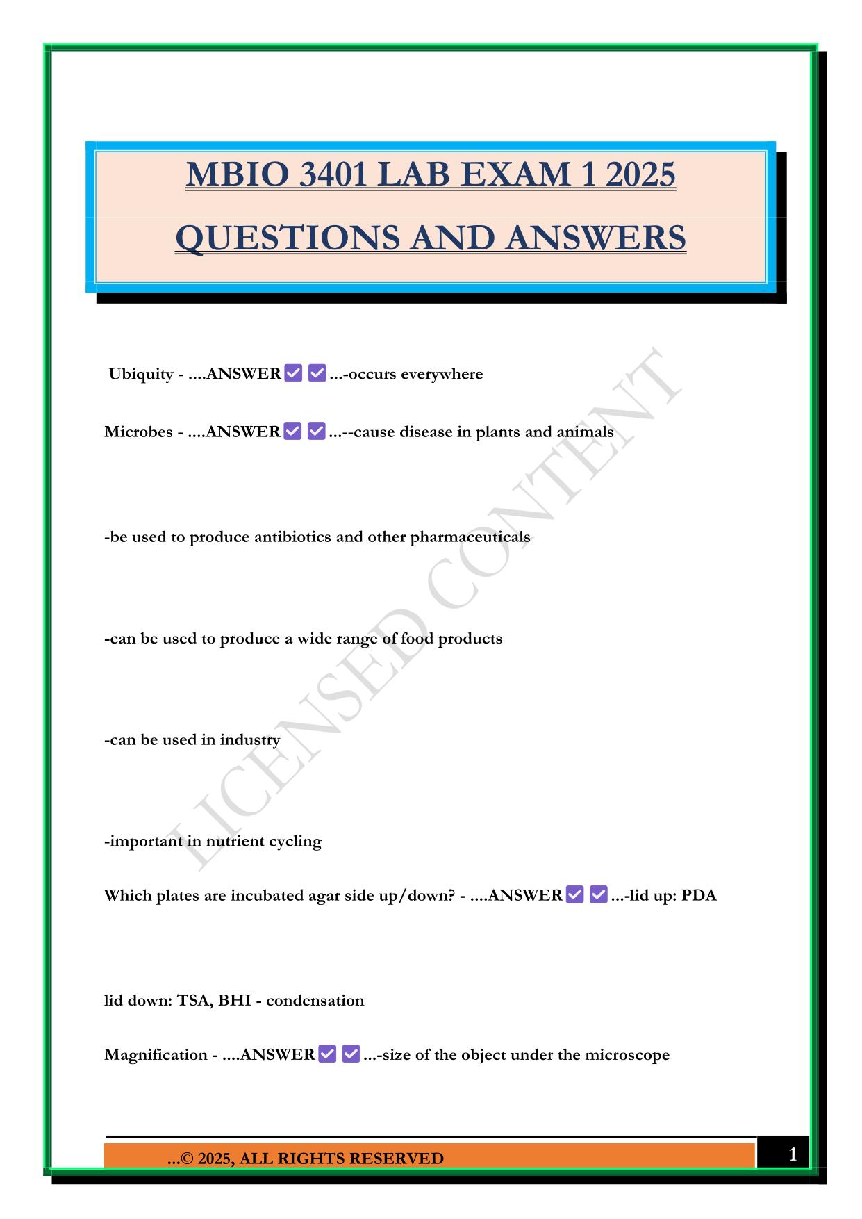 MBIO 3401 LAB EXAM 1 2025 QUESTIONS AND ANSWERS