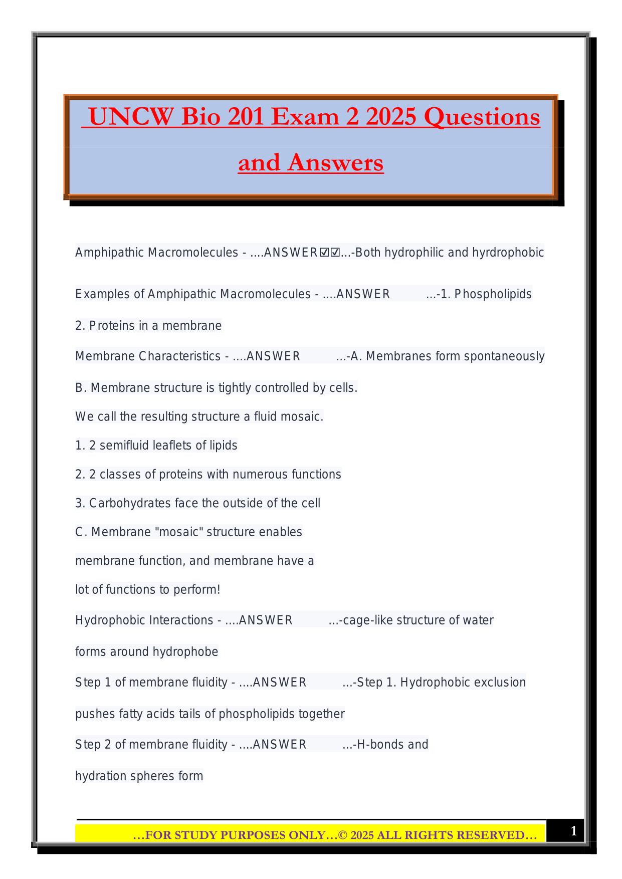 UNCW Bio 201 Exam 2 2025 Questions and Answers