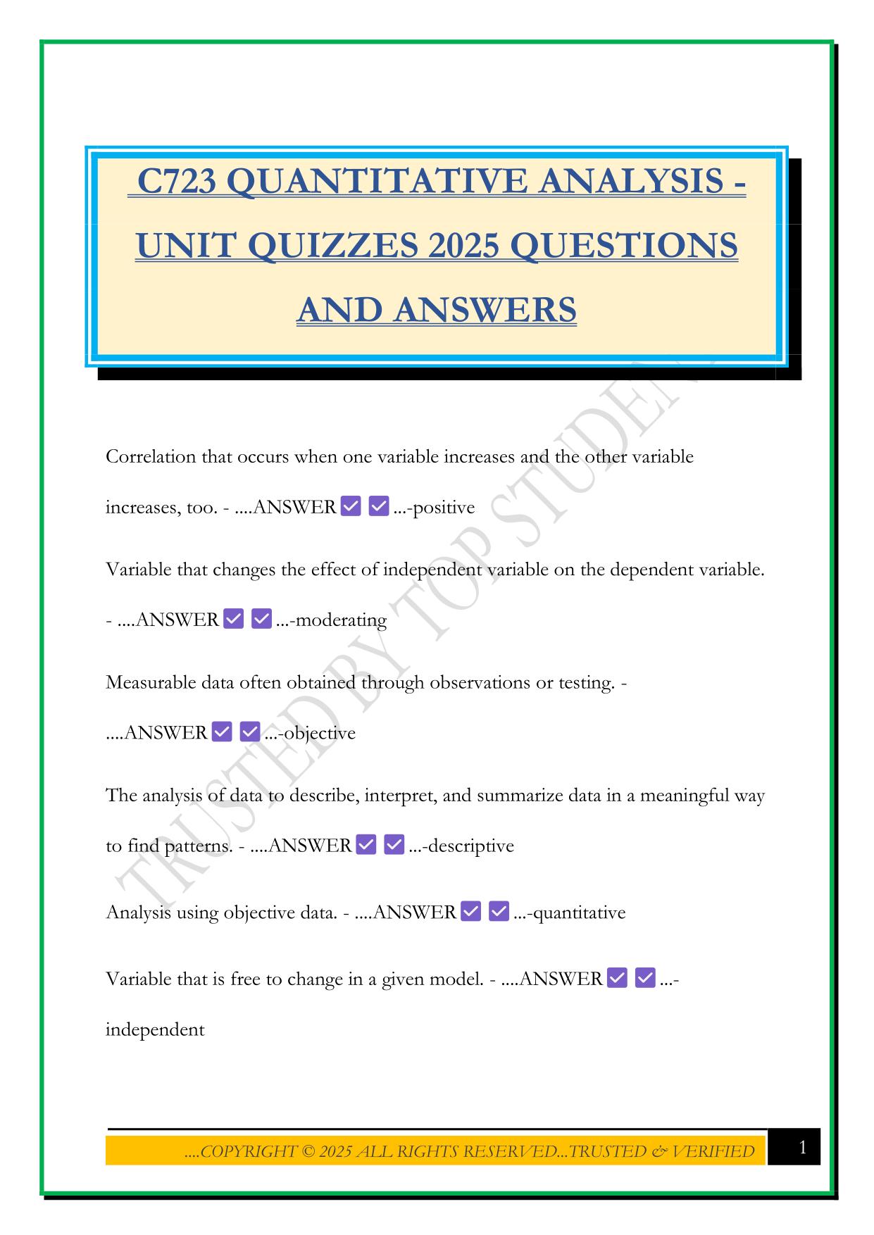 C723 QUANTITATIVE ANALYSIS - UNIT QUIZZES 2025 QUESTIONS AND ANSWERS