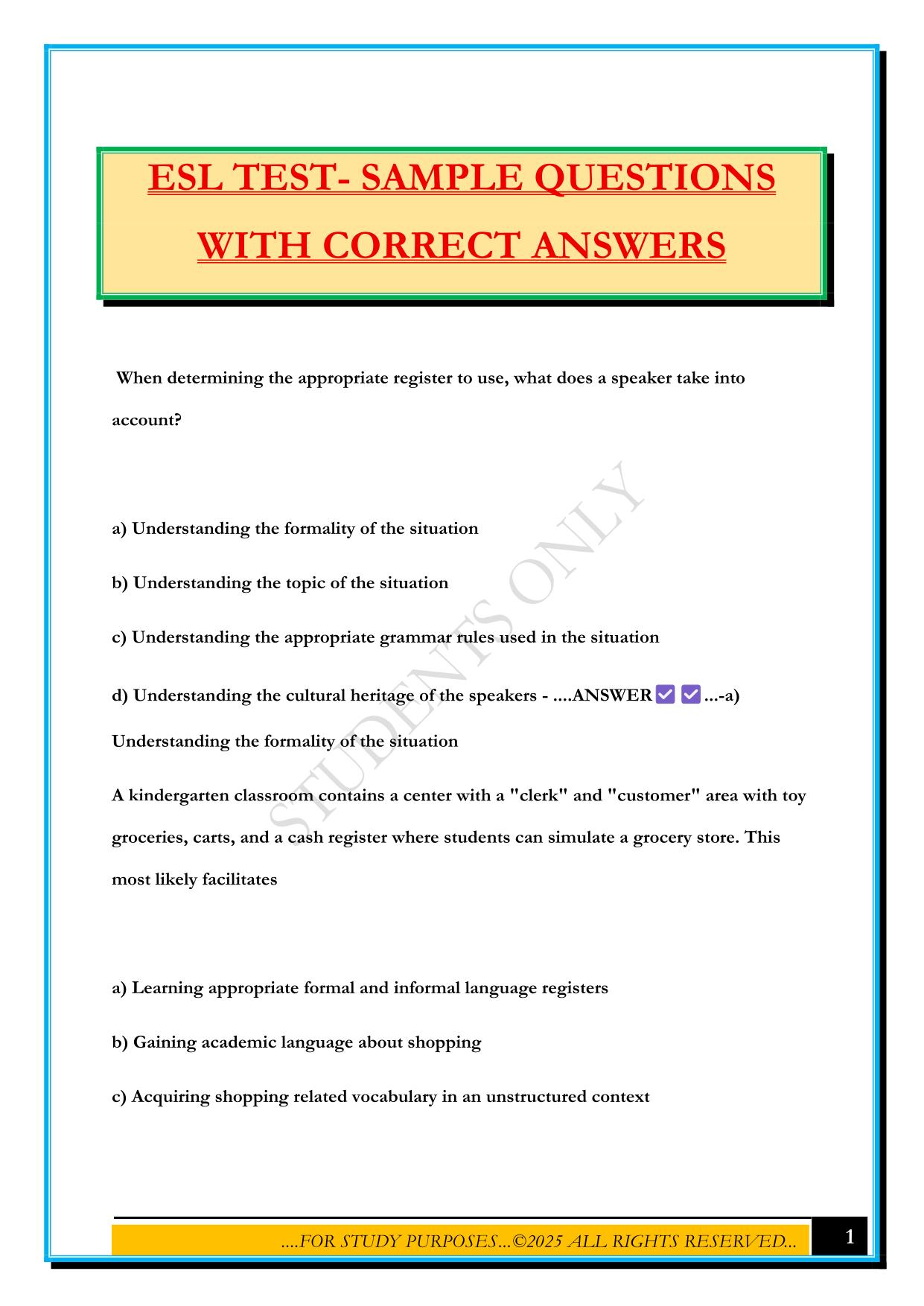 ESL TEST- SAMPLE QUESTIONS WITH CORRECT ANSWERS