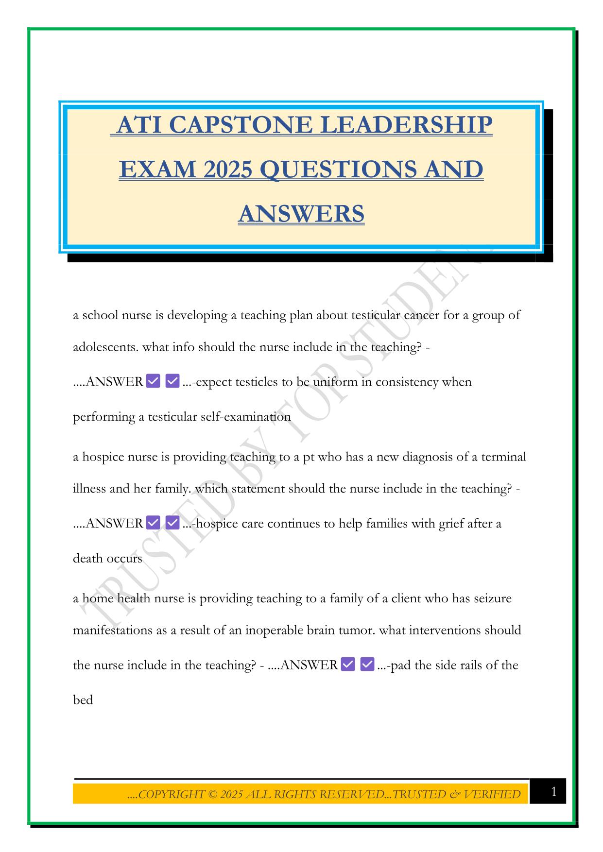 ATI CAPSTONE LEADERSHIP EXAM 2025 QUESTIONS AND ANSWERS