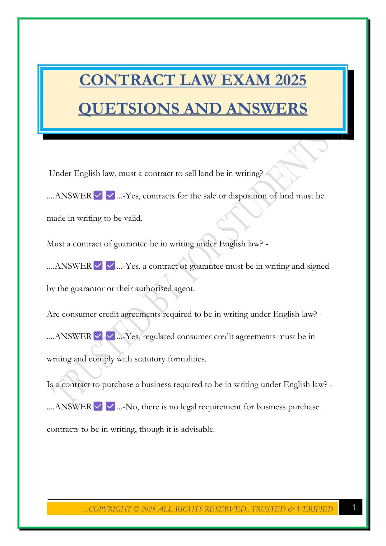 CONTRACT LAW EXAM 2025 QUETSIONS AND ANSWERS