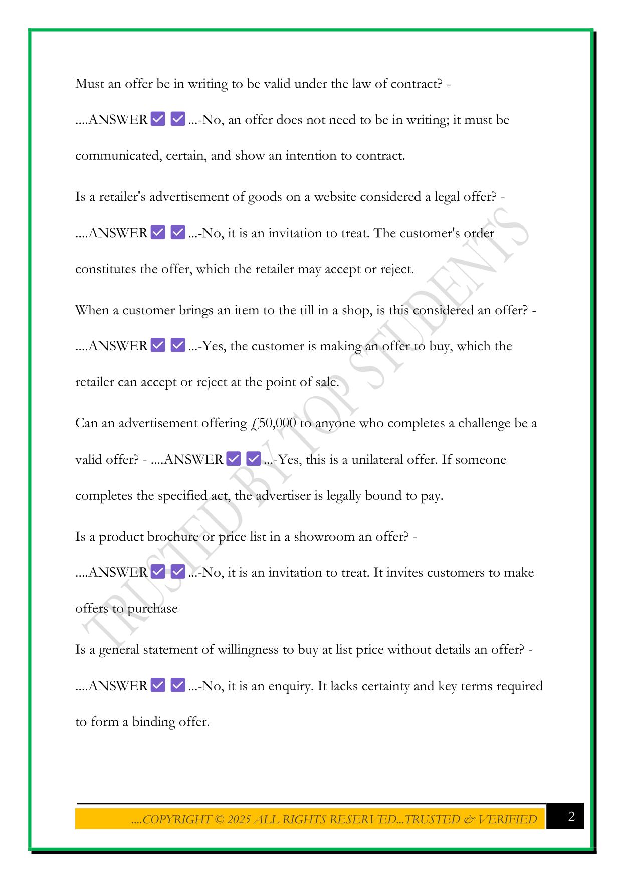 CONTRACT LAW EXAM 2025 QUETSIONS AND ANSWERS