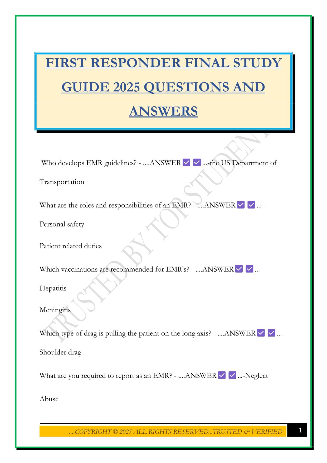 FIRST RESPONDER FINAL STUDY GUIDE 2025 QUESTIONS AND ANSWERS