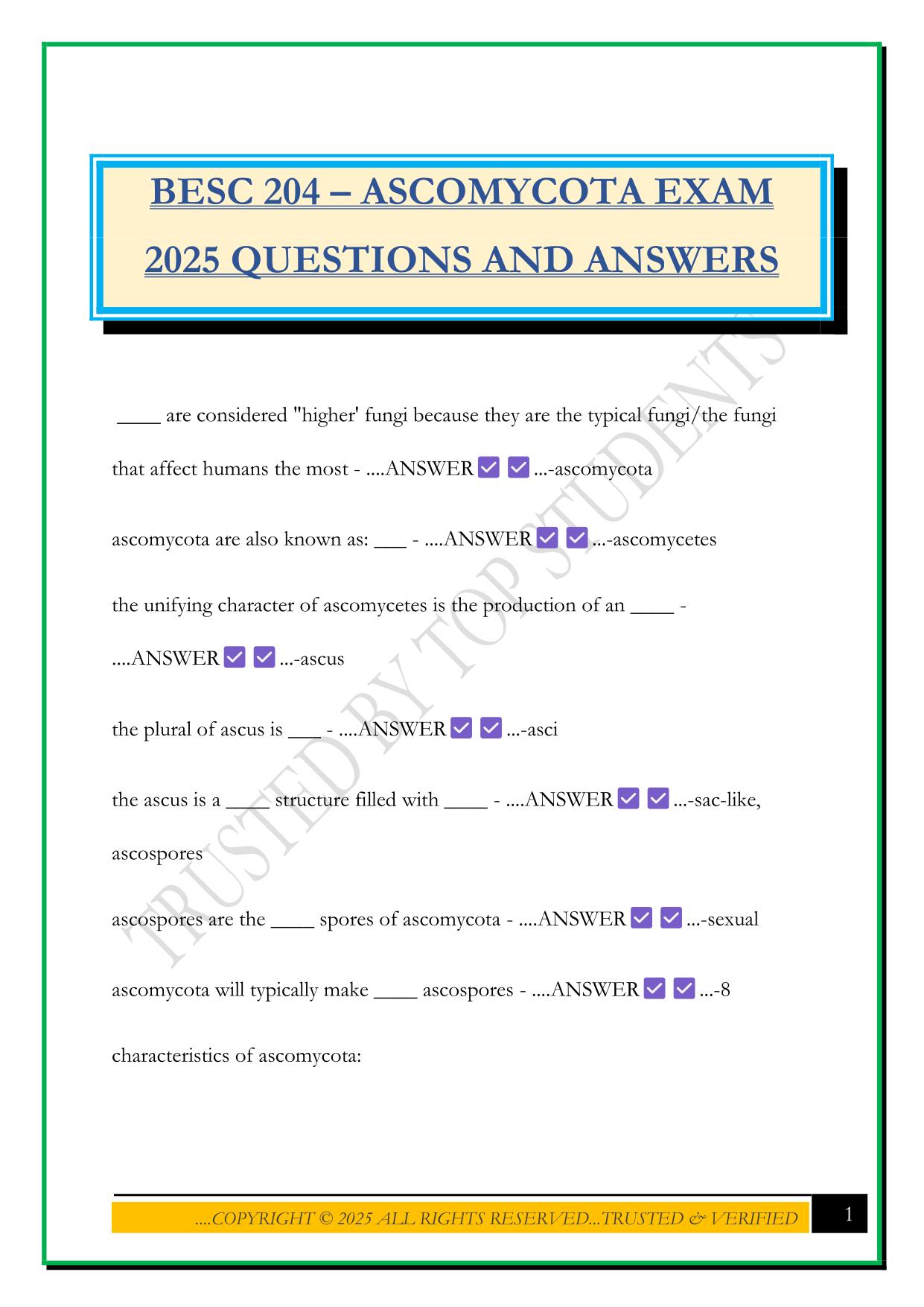 BESC 204 – ASCOMYCOTA EXAM 2025 QUESTIONS AND ANSWERS