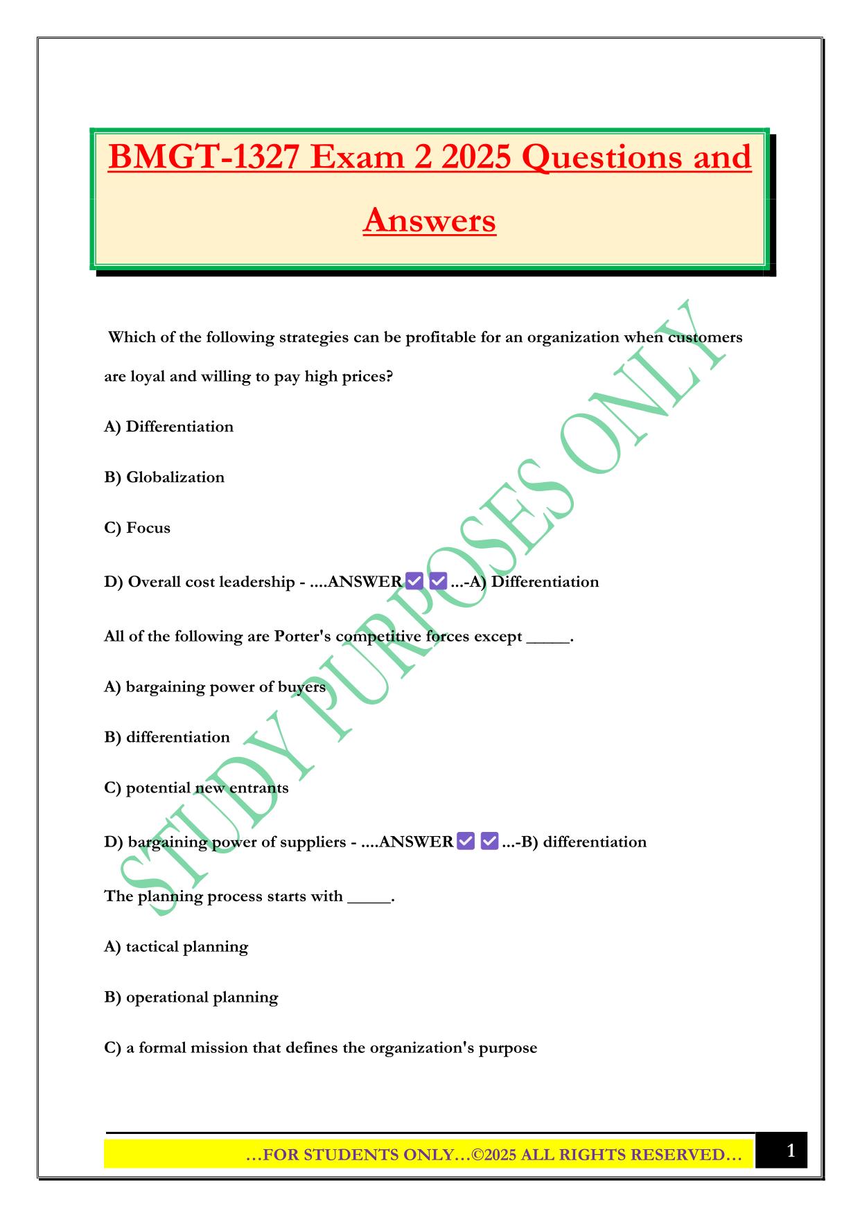 BMGT-1327 Exam 2 2025 Questions and Answers