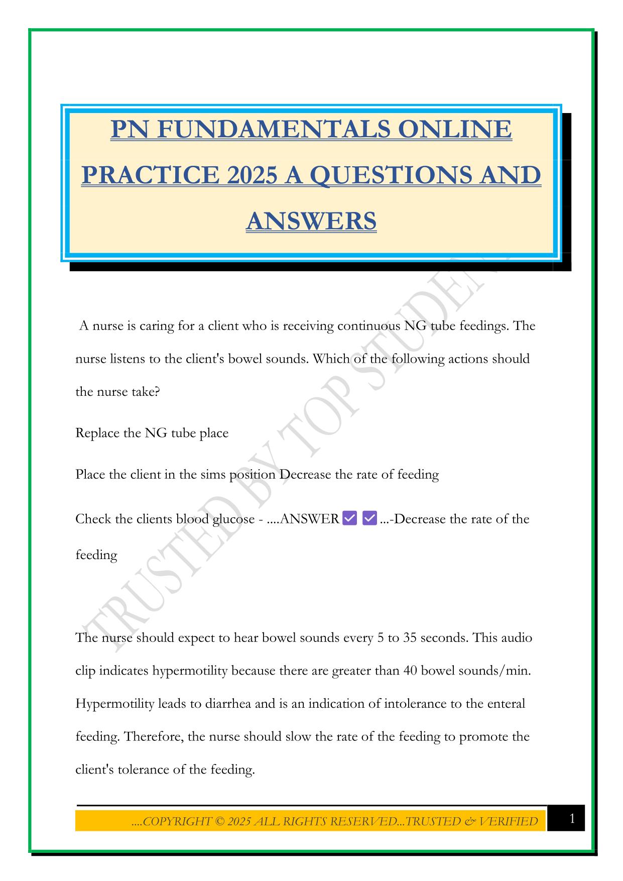 PN FUNDAMENTALS ONLINE PRACTICE 2025 A QUESTIONS AND ANSWERS