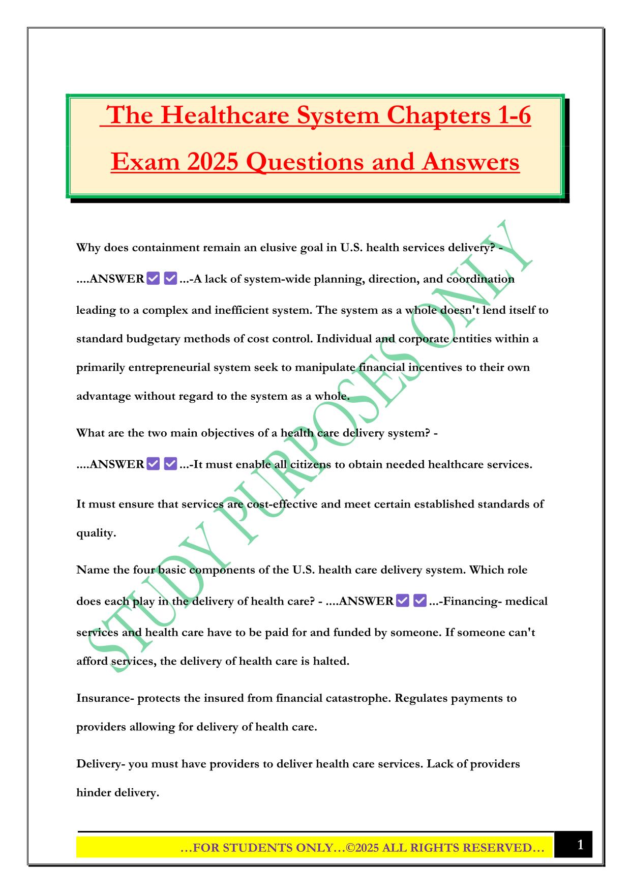 The Healthcare System Chapters 1-6 Exam 2025 Questions and Answers