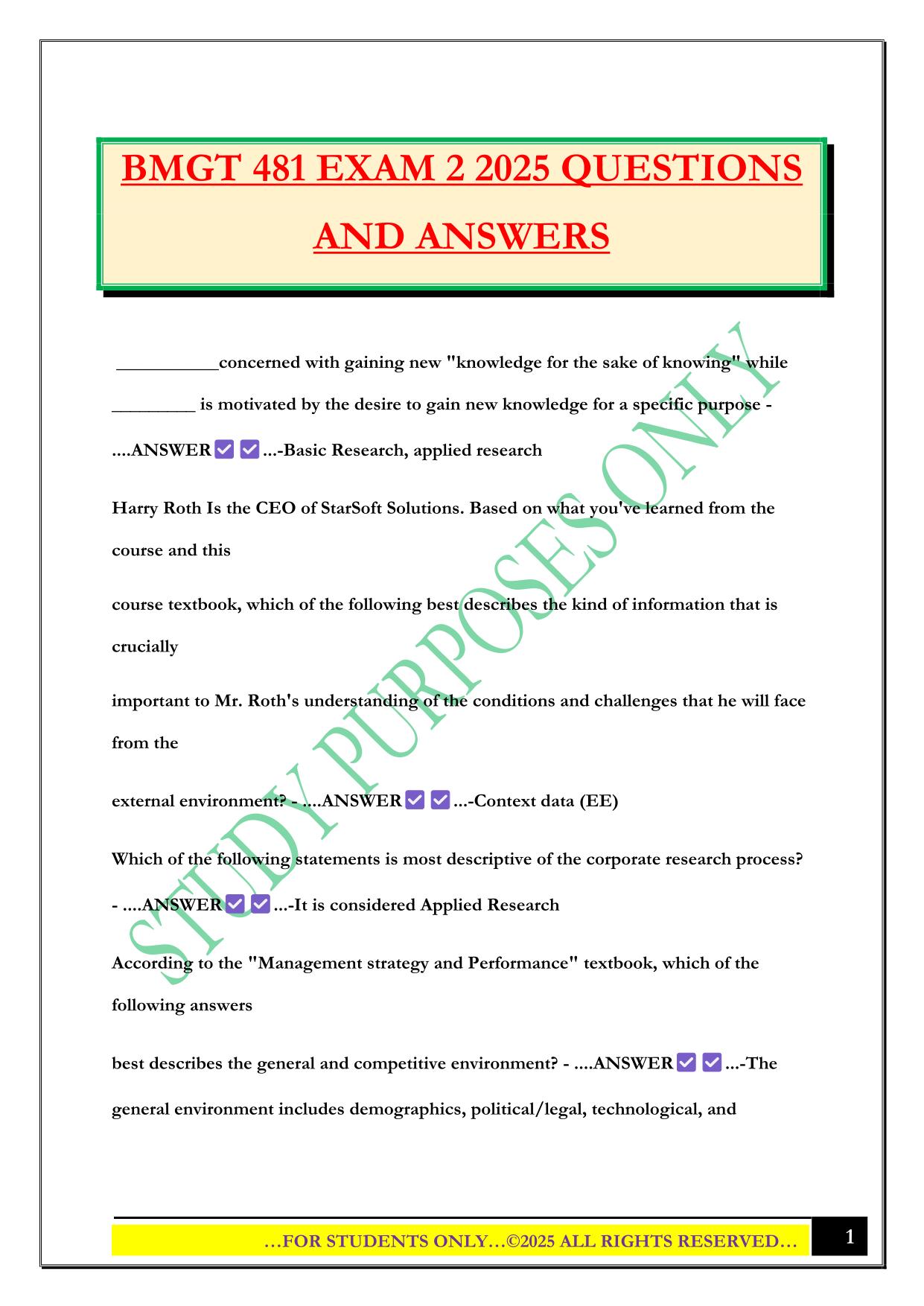 BMGT 481 EXAM 2 2025 QUESTIONS AND ANSWERS