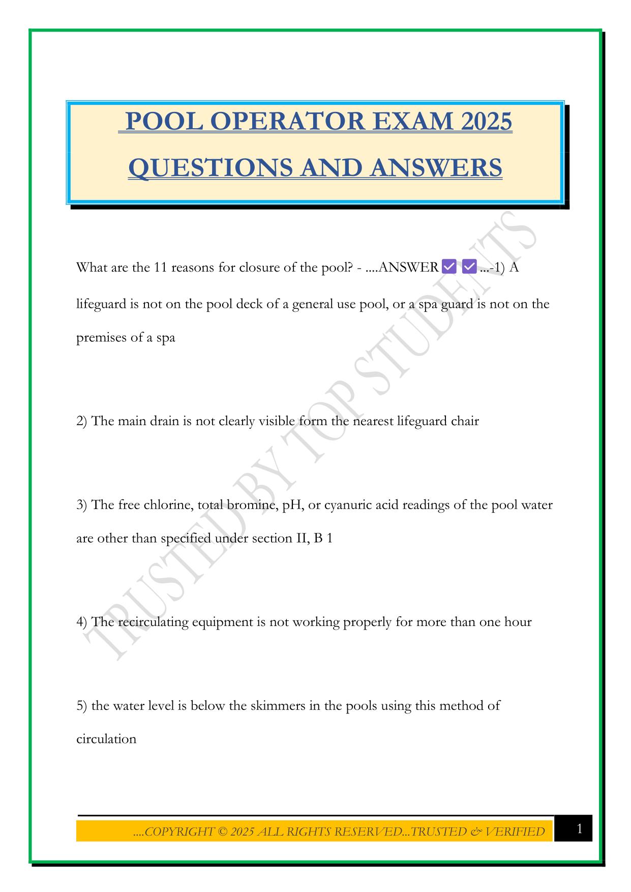 POOL OPERATOR EXAM 2025 QUESTIONS AND ANSWERS