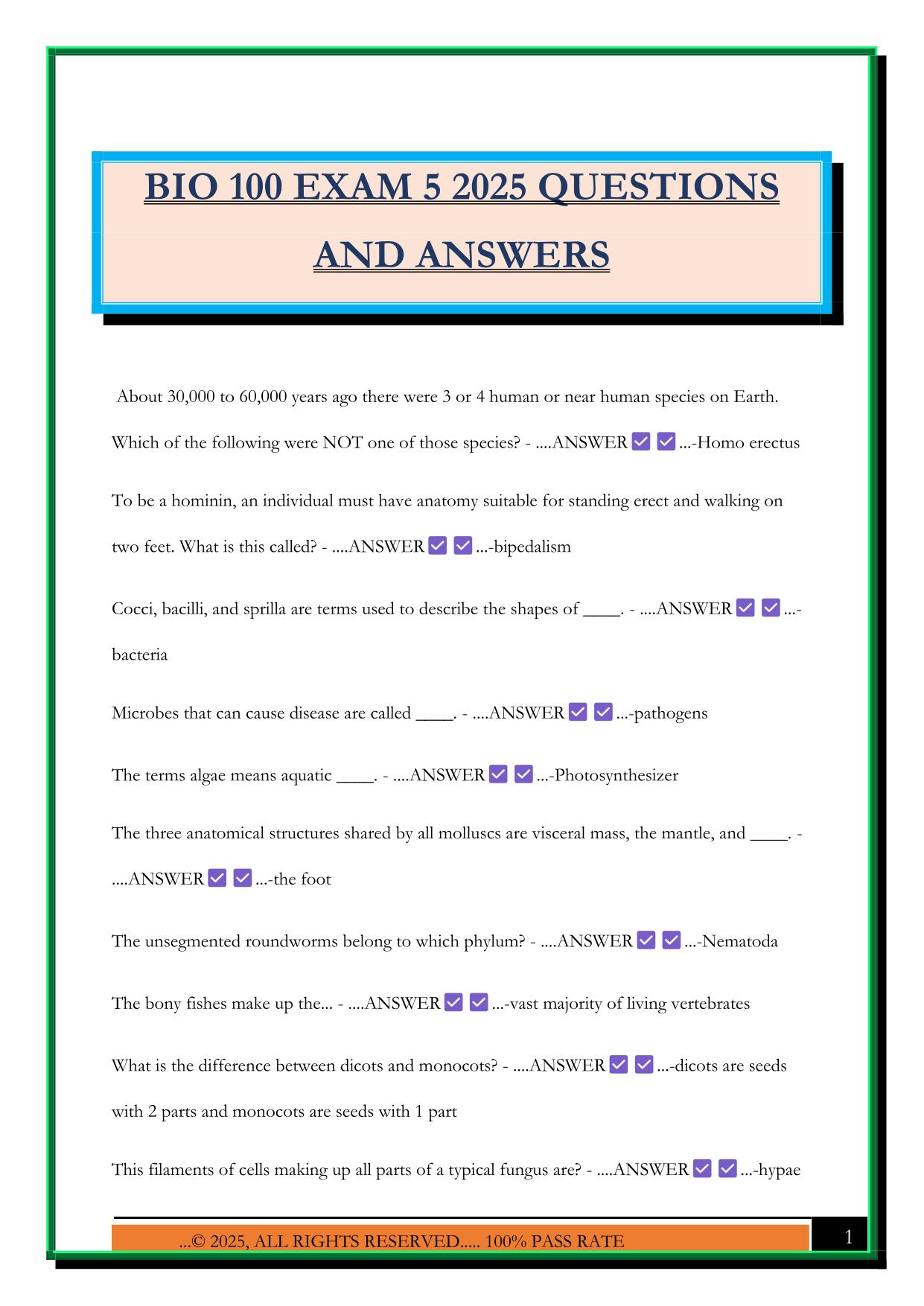 BIO 100 EXAM 5 2025 QUESTIONS AND ANSWERS