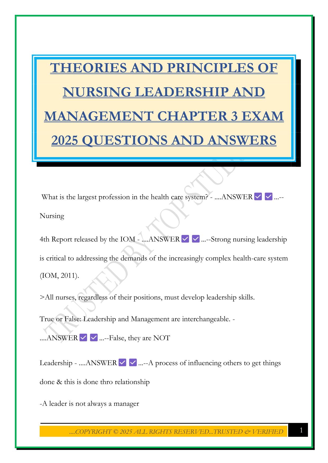 THEORIES AND PRINCIPLES OF NURSING LEADERSHIP AND MANAGEMENT CHAPTER 3 EXAM 2025 QUESTIONS AND ANSWERS