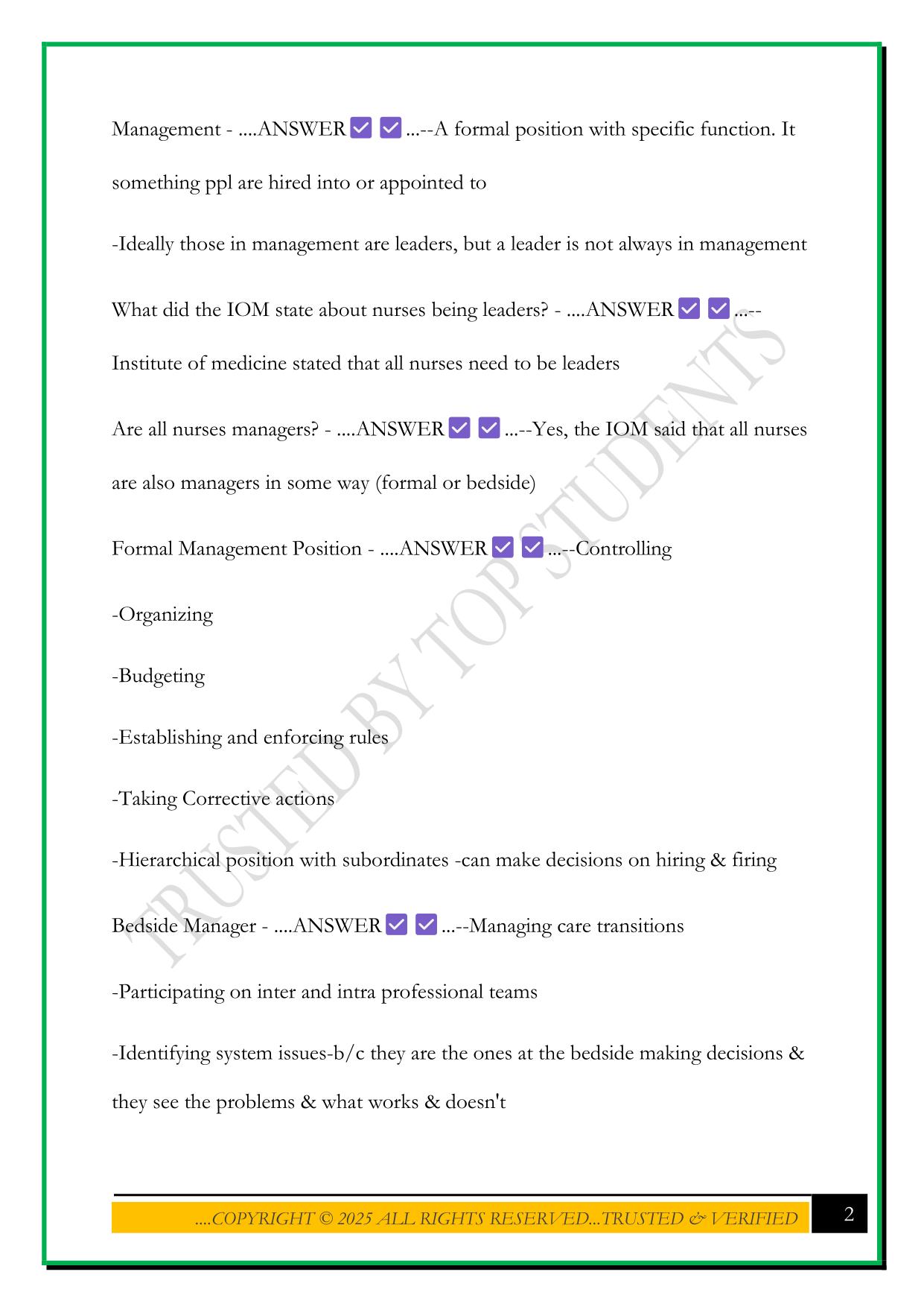 THEORIES AND PRINCIPLES OF NURSING LEADERSHIP AND MANAGEMENT CHAPTER 3 EXAM 2025 QUESTIONS AND ANSWERS