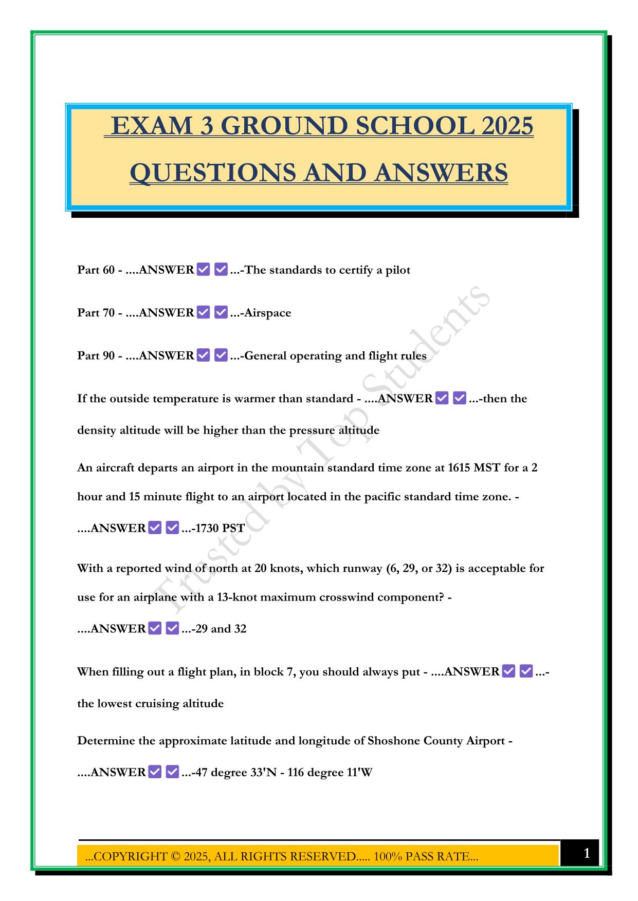 EXAM 3 GROUND SCHOOL 2025 QUESTIONS AND ANSWERS