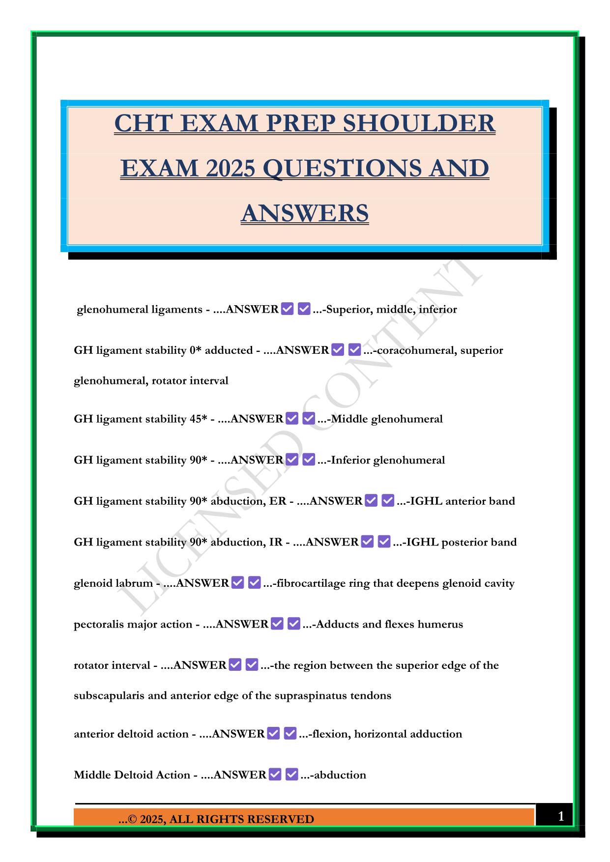 CHT EXAM PREP SHOULDER EXAM 2025 QUESTIONS AND ANSWERS