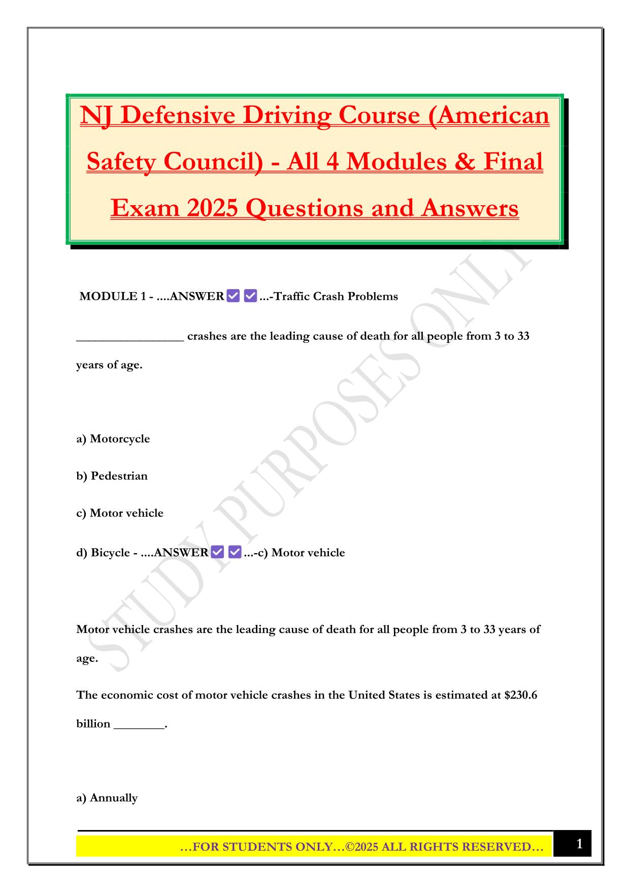 NJ Defensive Driving Course (American Safety Council) - All 4 Modules & Final Exam 2025 Questions and Answers
