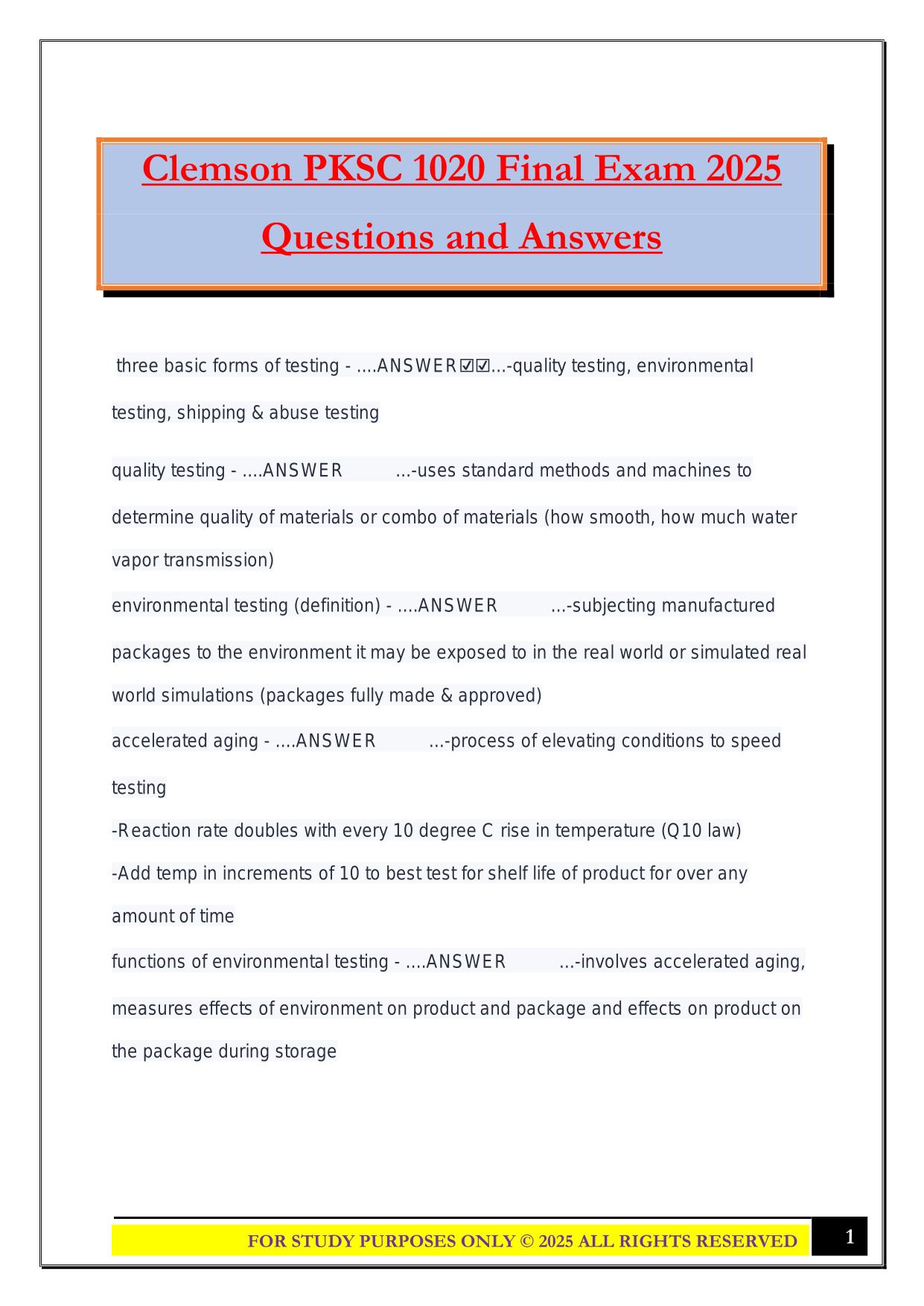 Clemson PKSC 1020 Final Exam 2025 Questions and Answers