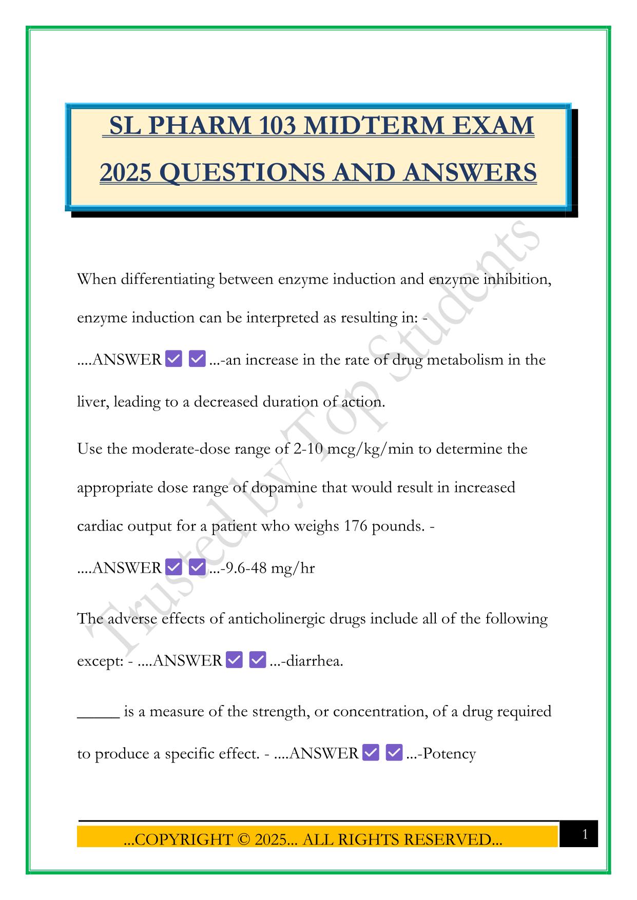 SL PHARM 103 MIDTERM EXAM 2025 QUESTIONS AND ANSWERS