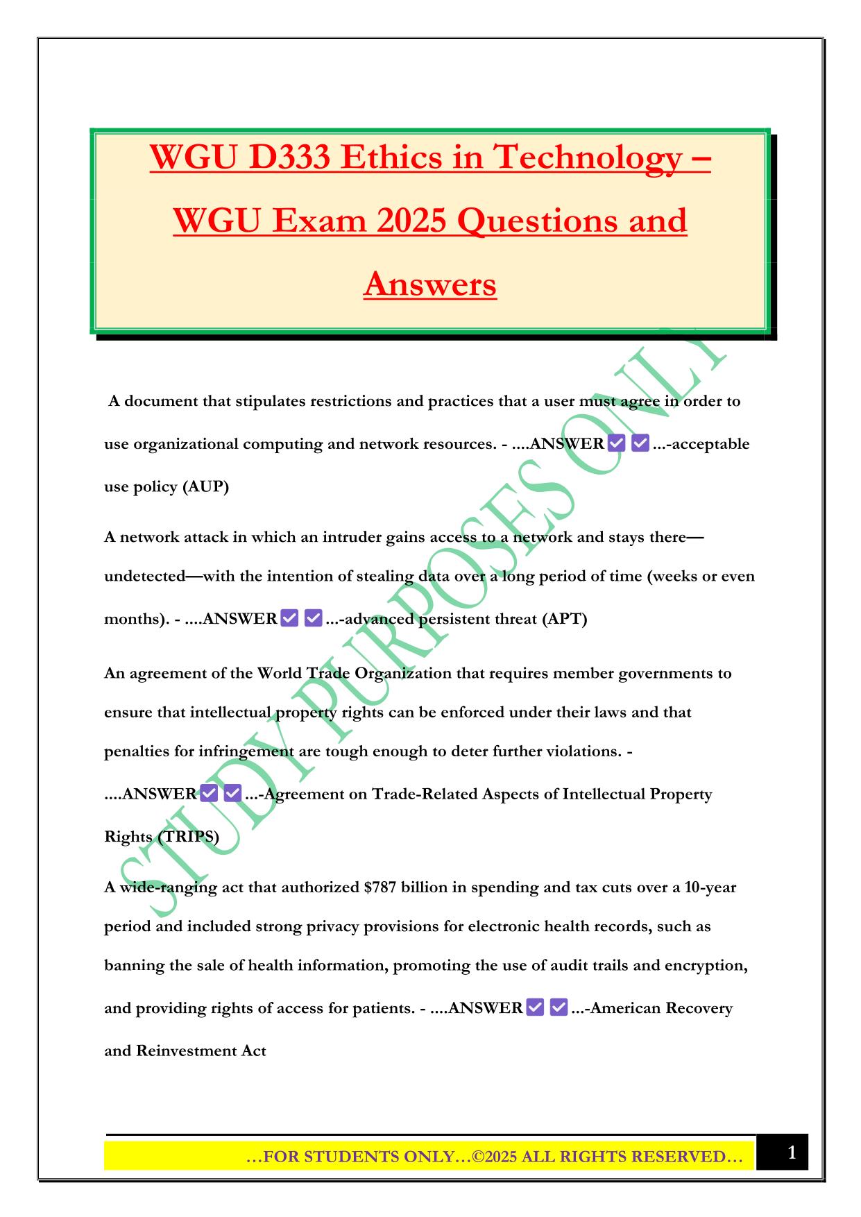 WGU D333 Ethics in Technology – WGU Exam 2025 Questions and Answers