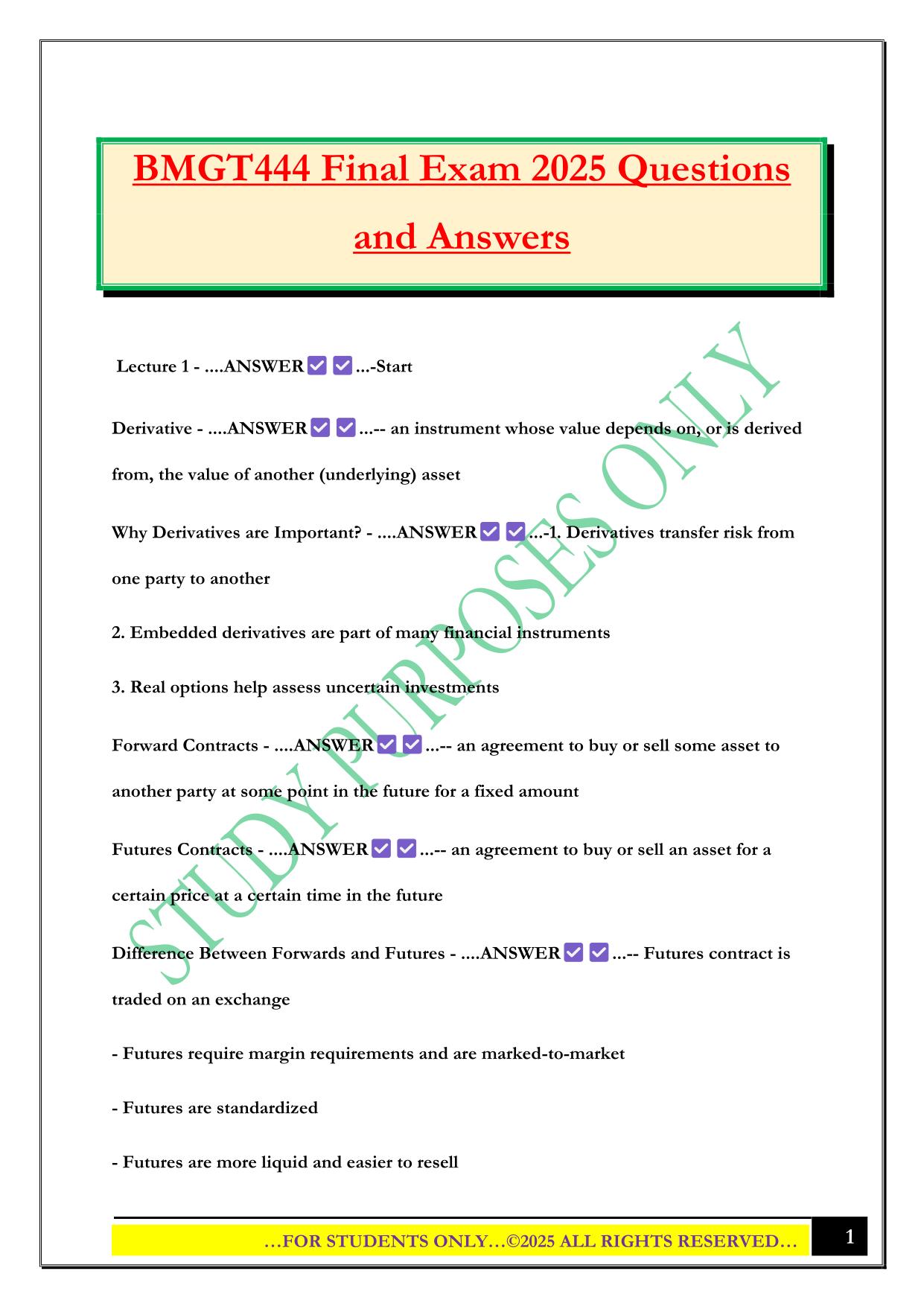 BMGT444 Final Exam 2025 Questions and Answers