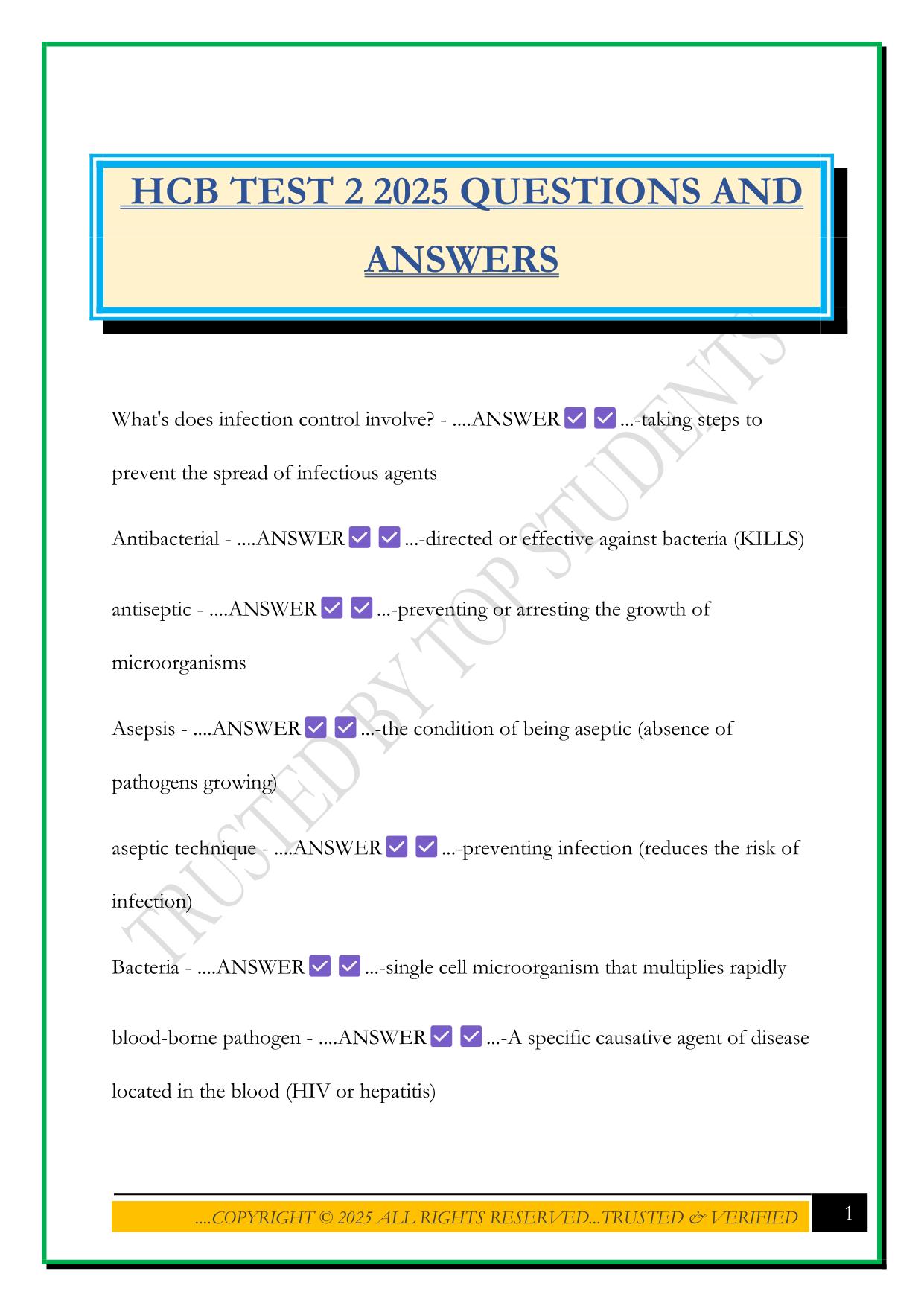 HCB TEST 2 2025 QUESTIONS AND ANSWERS
