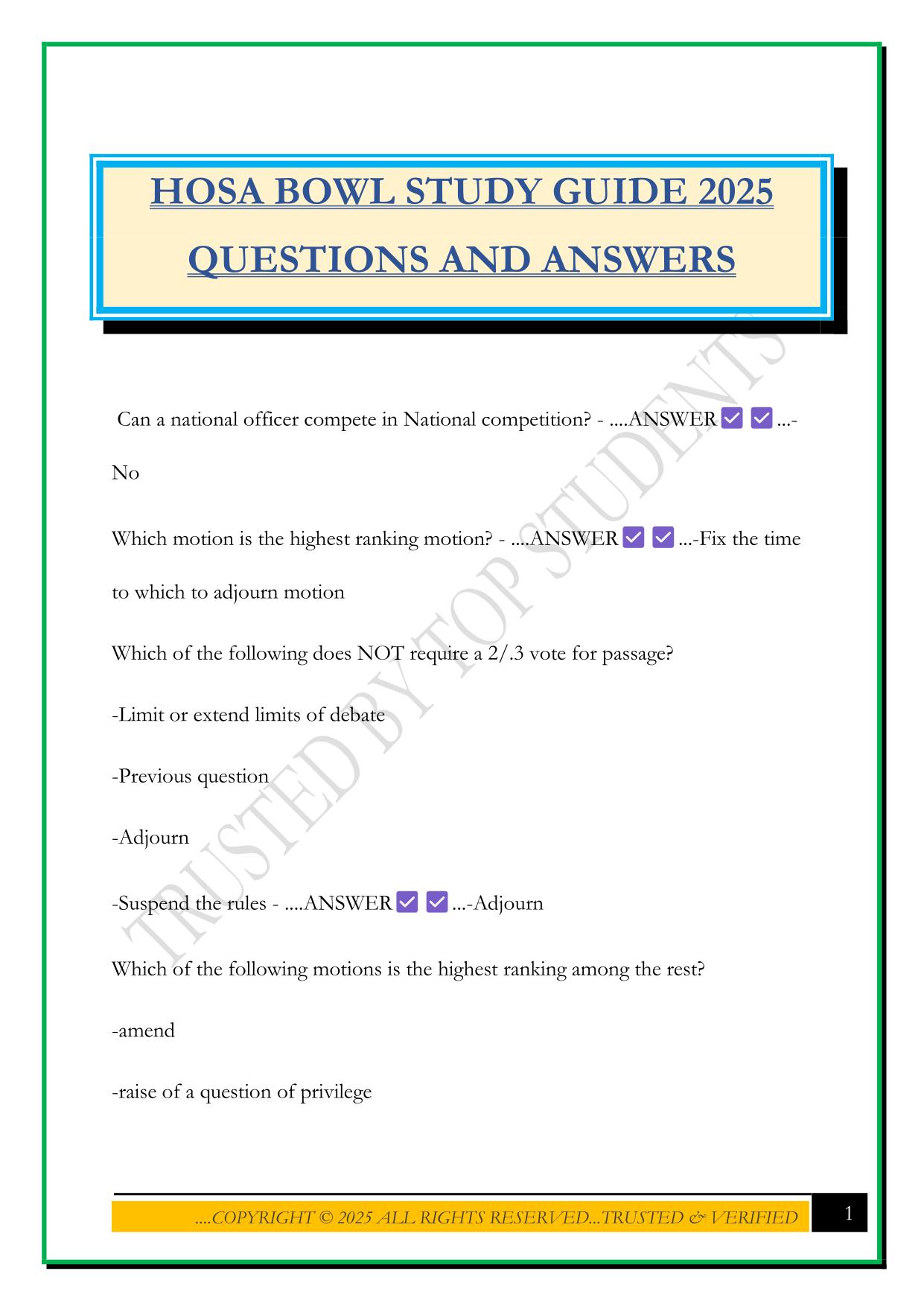 HOSA BOWL STUDY GUIDE 2025 QUESTIONS AND ANSWERS