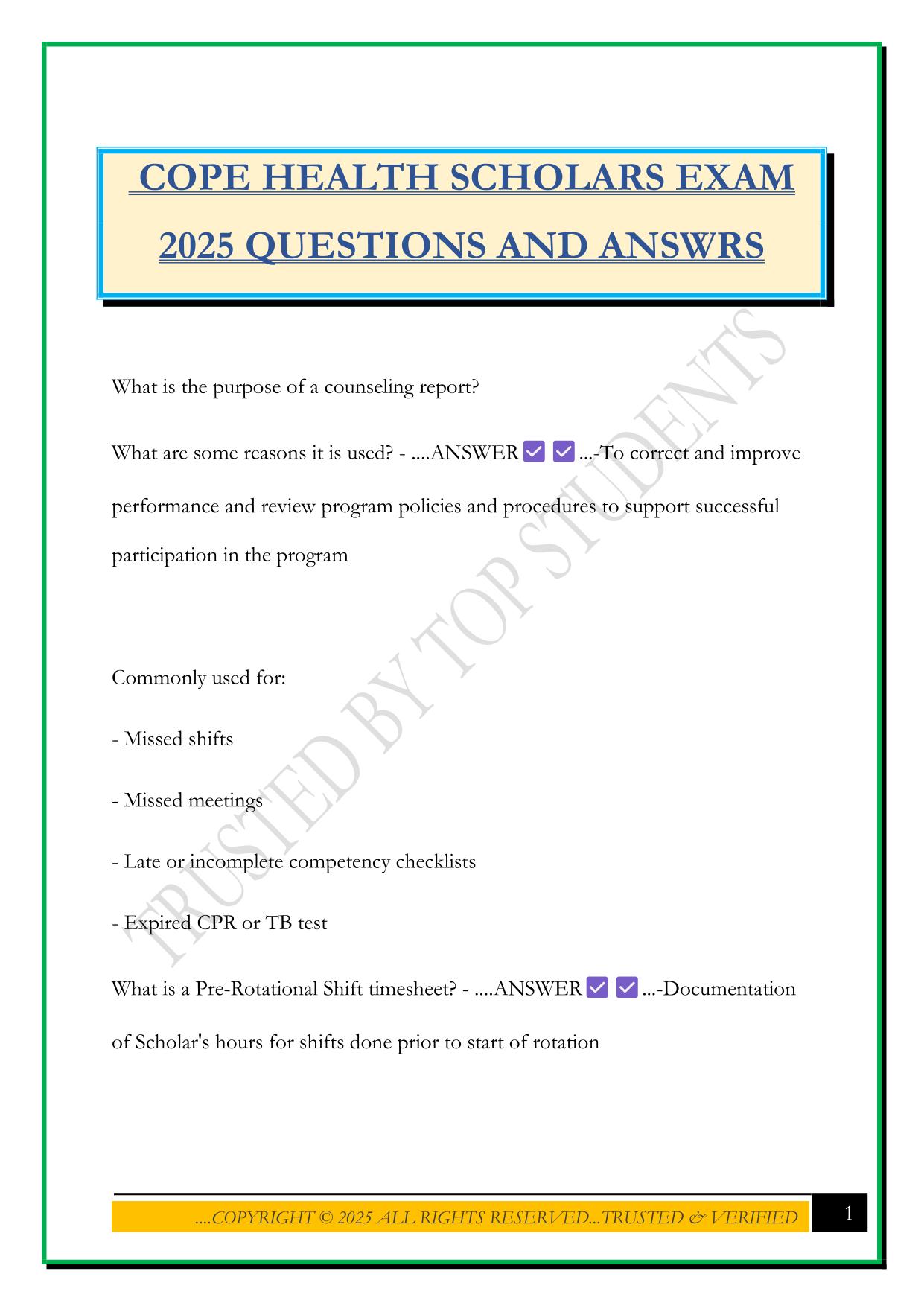 COPE HEALTH SCHOLARS EXAM 2025 QUESTIONS AND ANSWERS