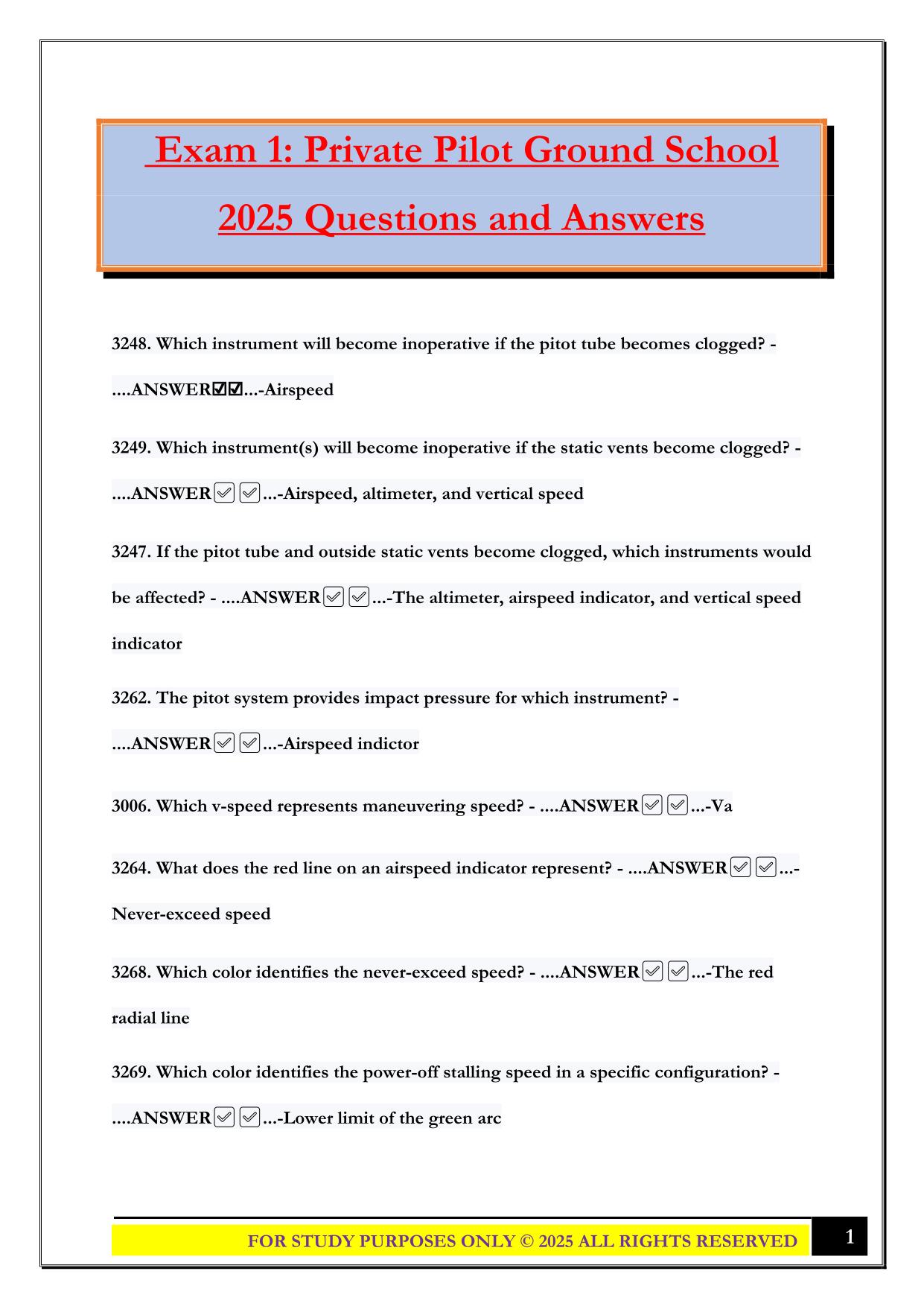 Exam 1: Private Pilot Ground School 2025 Questions and Answers
