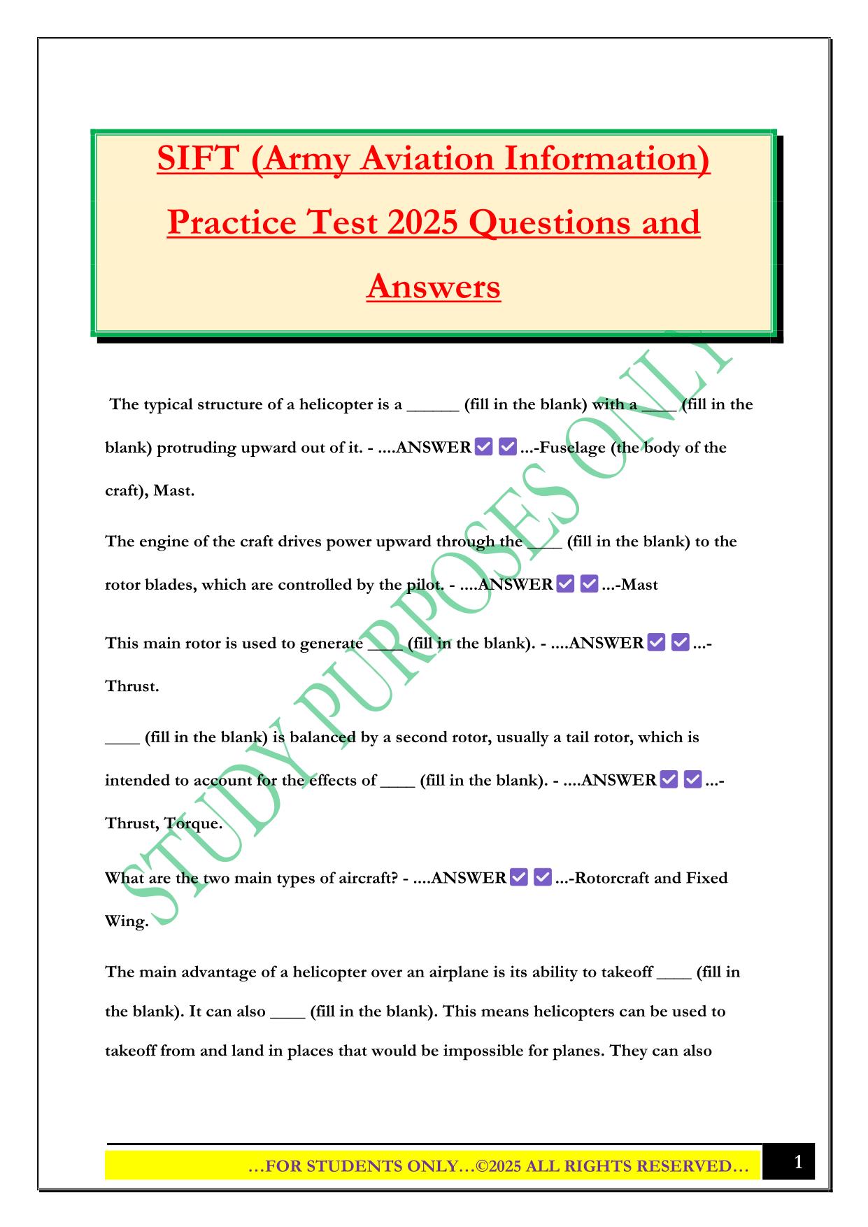 SIFT (Army Aviation Information) Practice Test 2025 Questions and Answers
