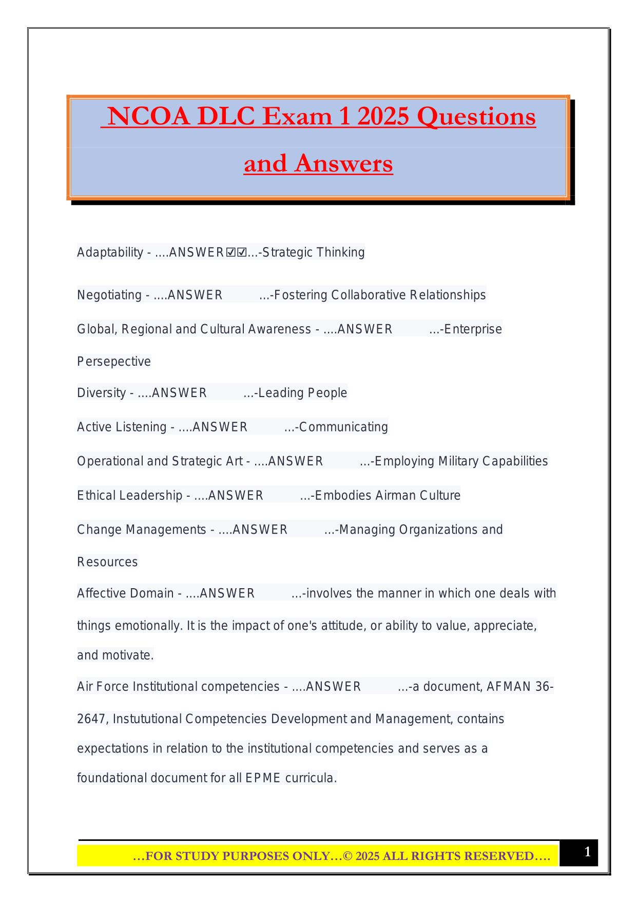 NCOA DLC Exam 1 2025 Questions and Answers