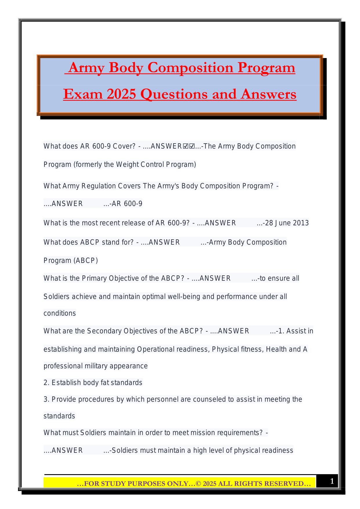 Army Body Composition Program Exam 2025 Questions and Answers
