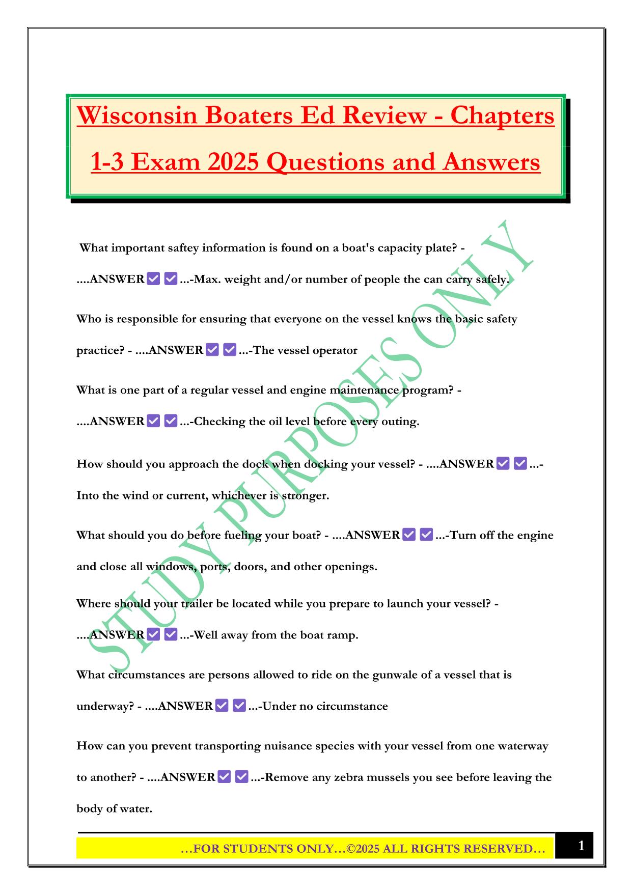 Wisconsin Boaters Ed Review - Chapters 1-3 Exam 2025 Questions and Answers
