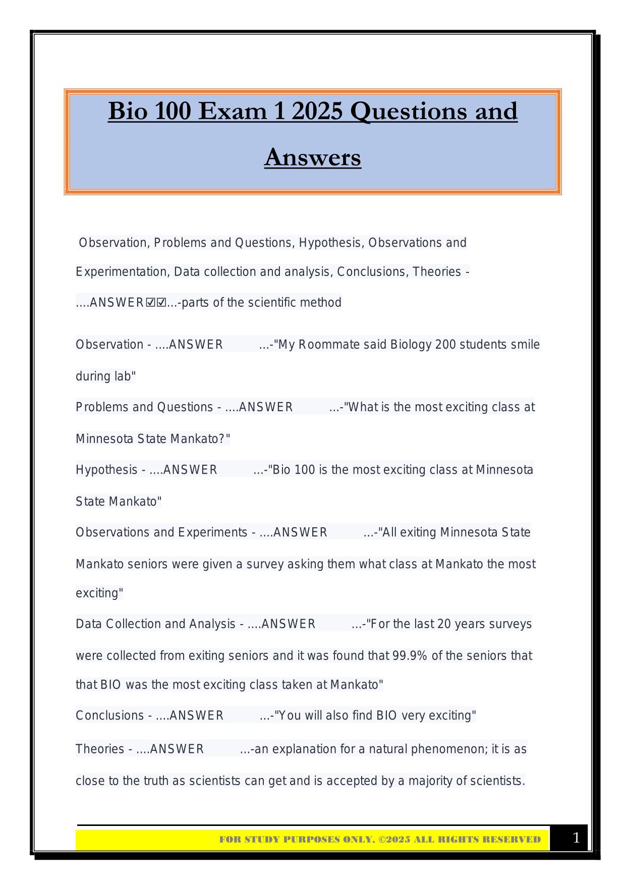 Bio 100 Exam 1 2025 Questions and Answers