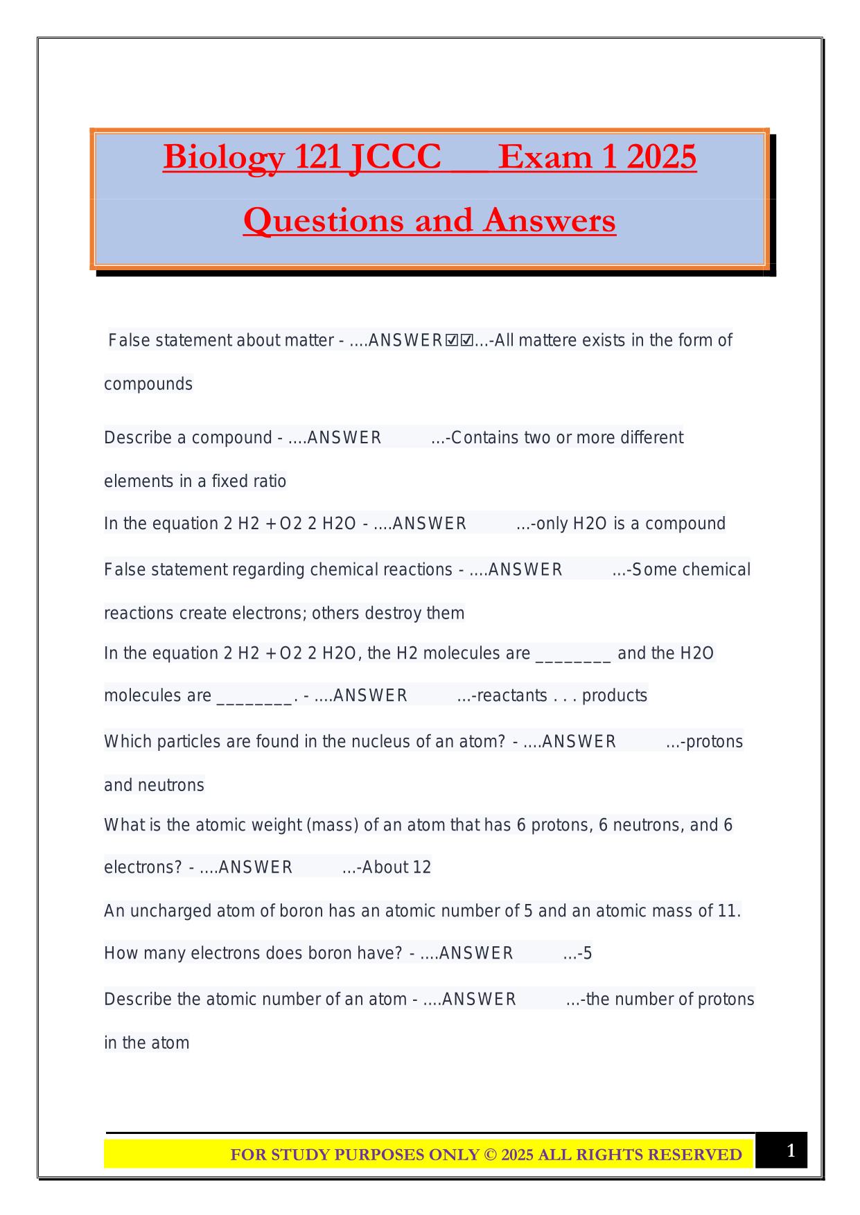 Biology 121 JCCC __ Exam 1 2025 Questions and Answers
