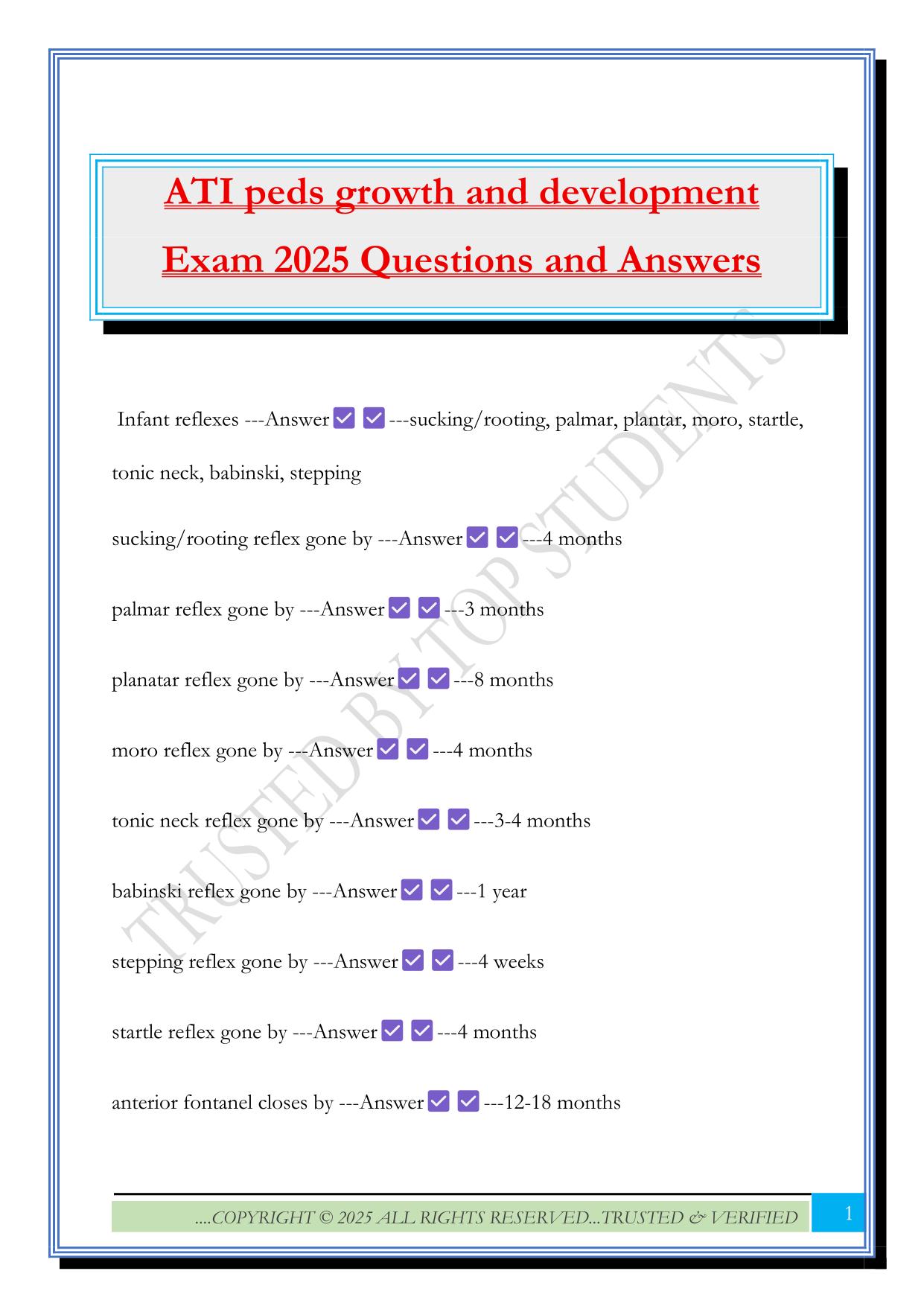 ATI peds growth and development Exam 2025 Questions and Answers
