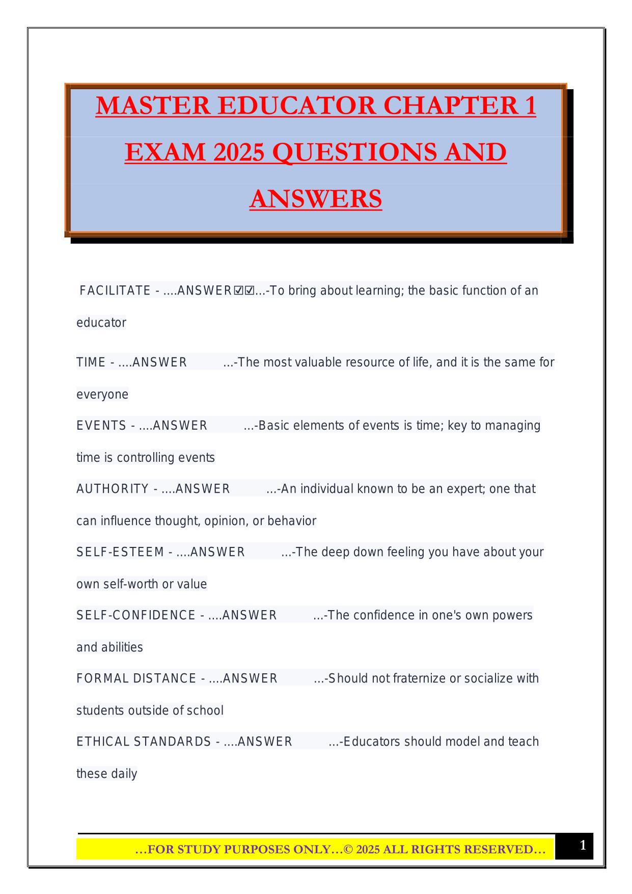 MASTER EDUCATOR CHAPTER 1 EXAM 2025 QUESTIONS AND ANSWERS