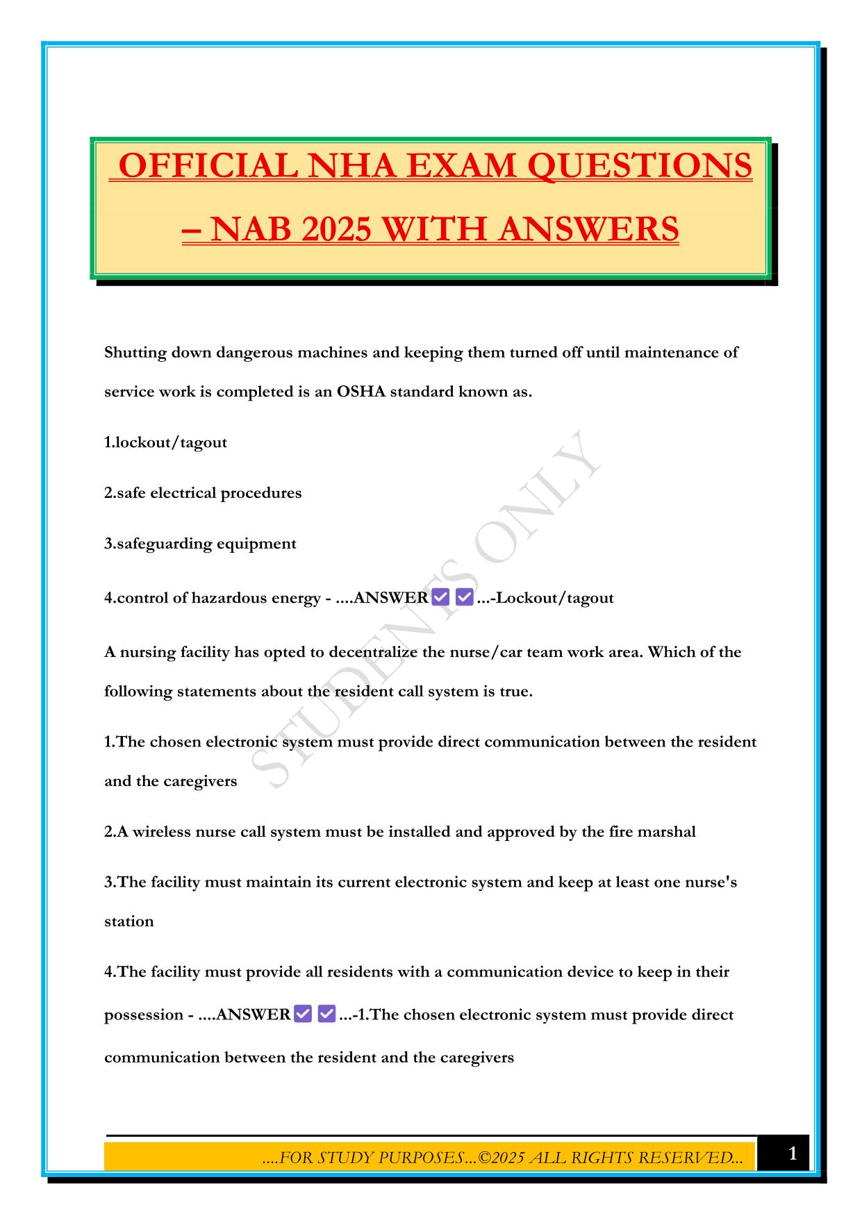 OFFICIAL NHA EXAM QUESTIONS – NAB 2025 WITH ANSWERS