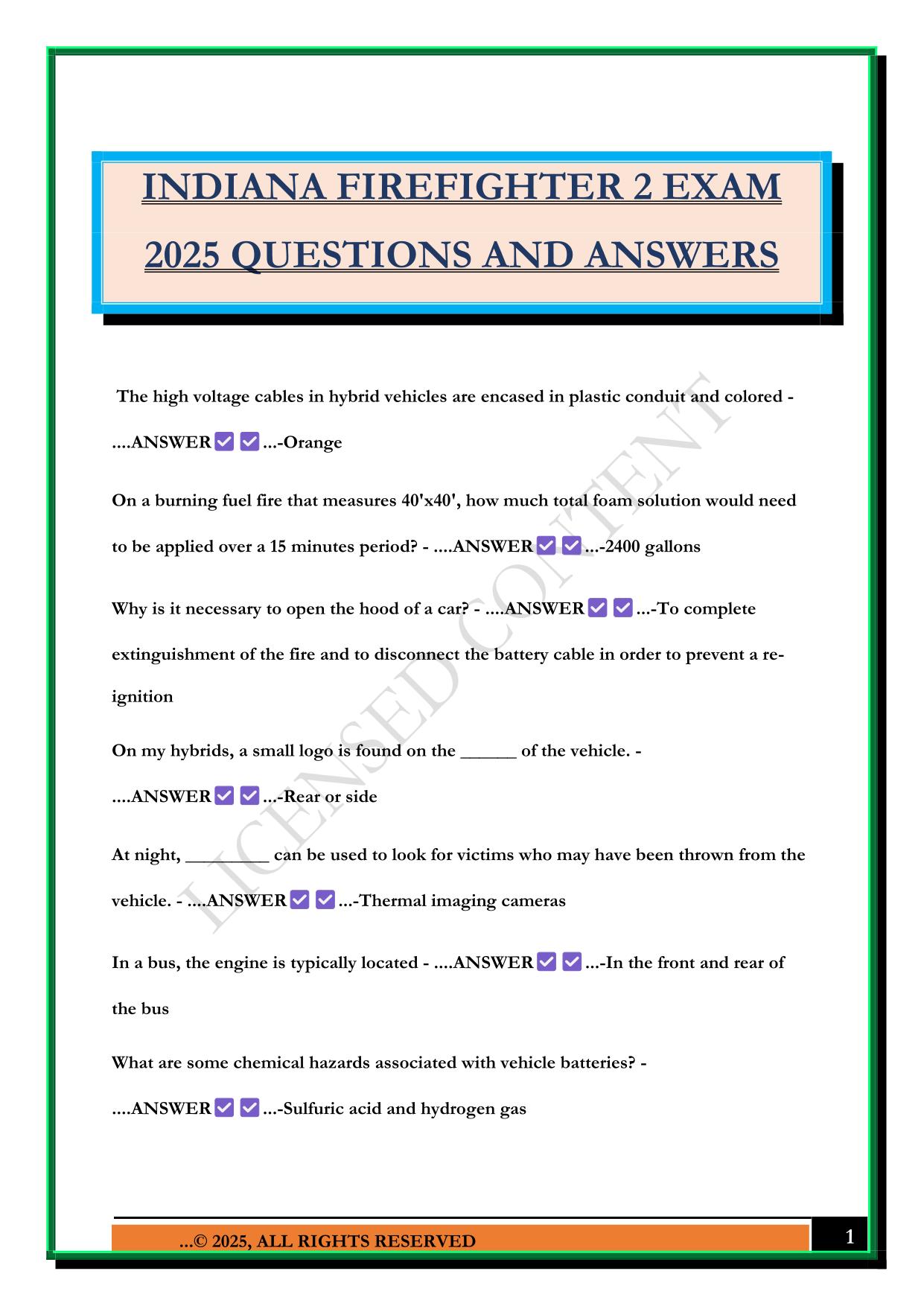 INDIANA FIREFIGHTER 2 EXAM 2025 QUESTIONS AND ANSWERS