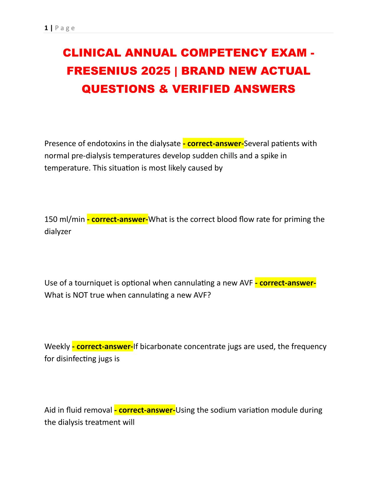 CLINICAL ANNUAL COMPETENCY EXAM - FRESENIUS 2025 | BRAND NEW ACTUAL QUESTIONS & VERIFIED ANSWERS