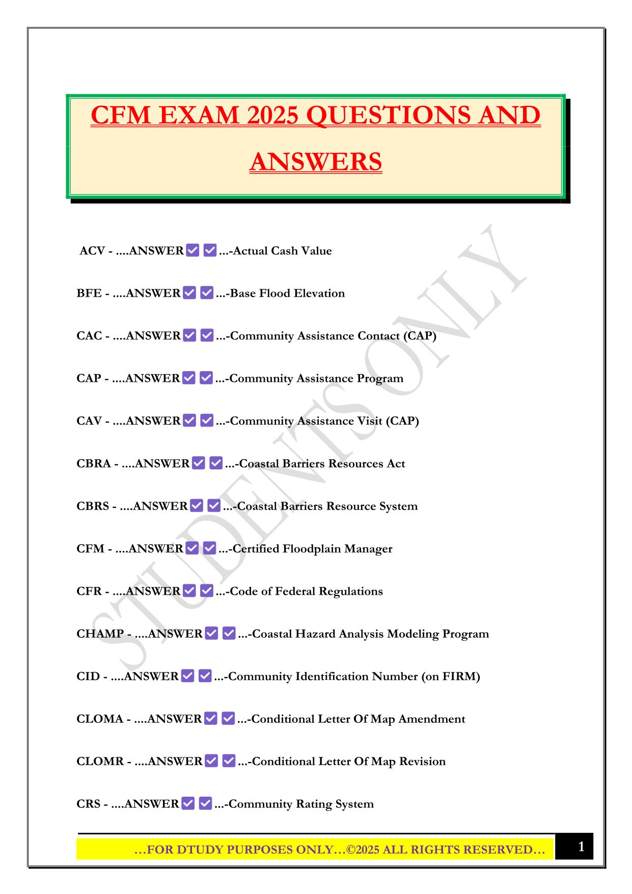 CFM EXAM 2025 QUESTIONS AND ANSWERS
