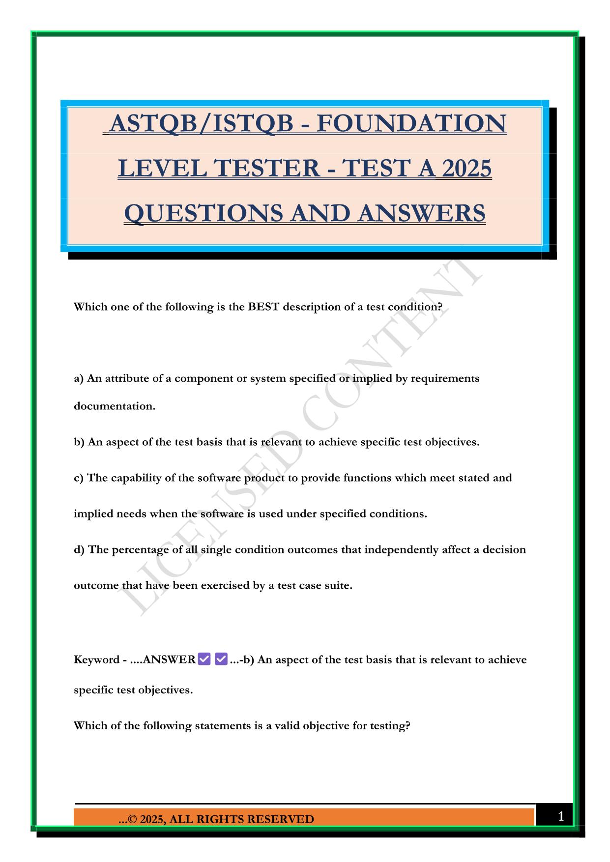 ASTQB/ISTQB - FOUNDATION LEVEL TESTER - TEST A 2025 QUESTIONS AND ANSWERS