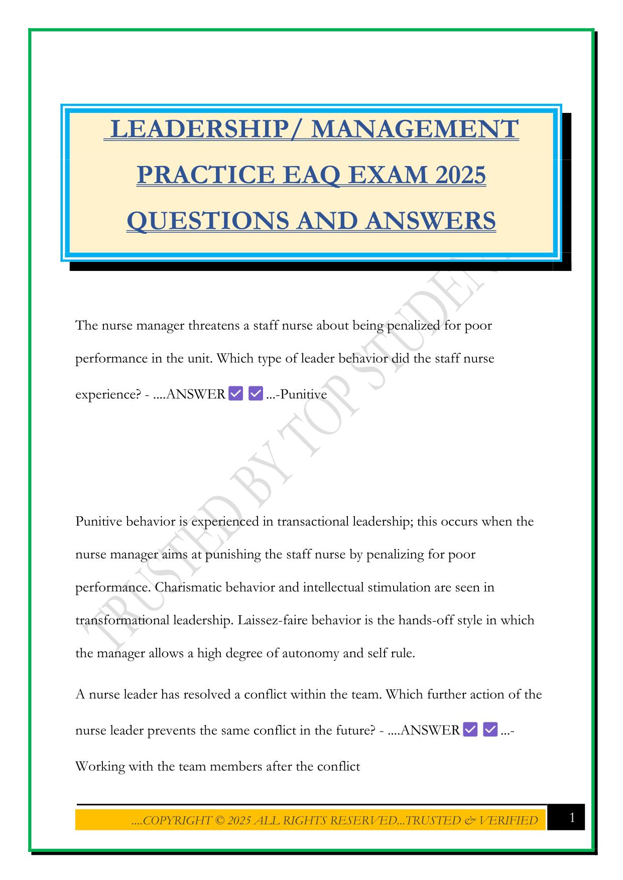 LEADERSHIP/ MANAGEMENT PRACTICE EAQ EXAM 2025 QUESTIONS AND ANSWERS